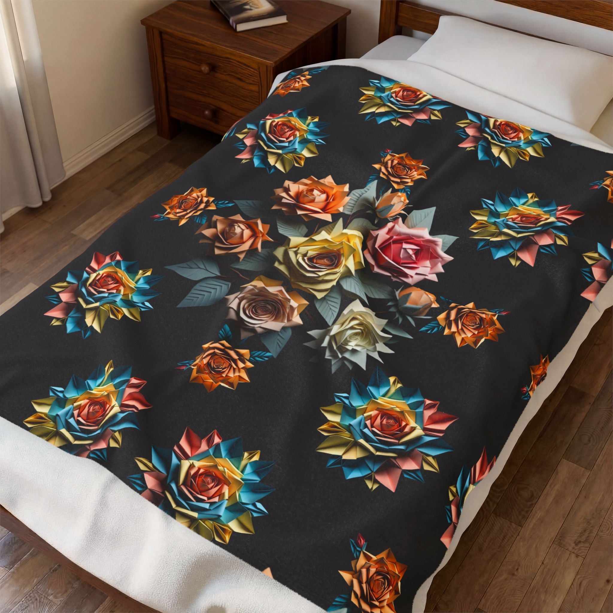 Gothic Origami Rose Throw Blanket — Dark Floral Home Decor