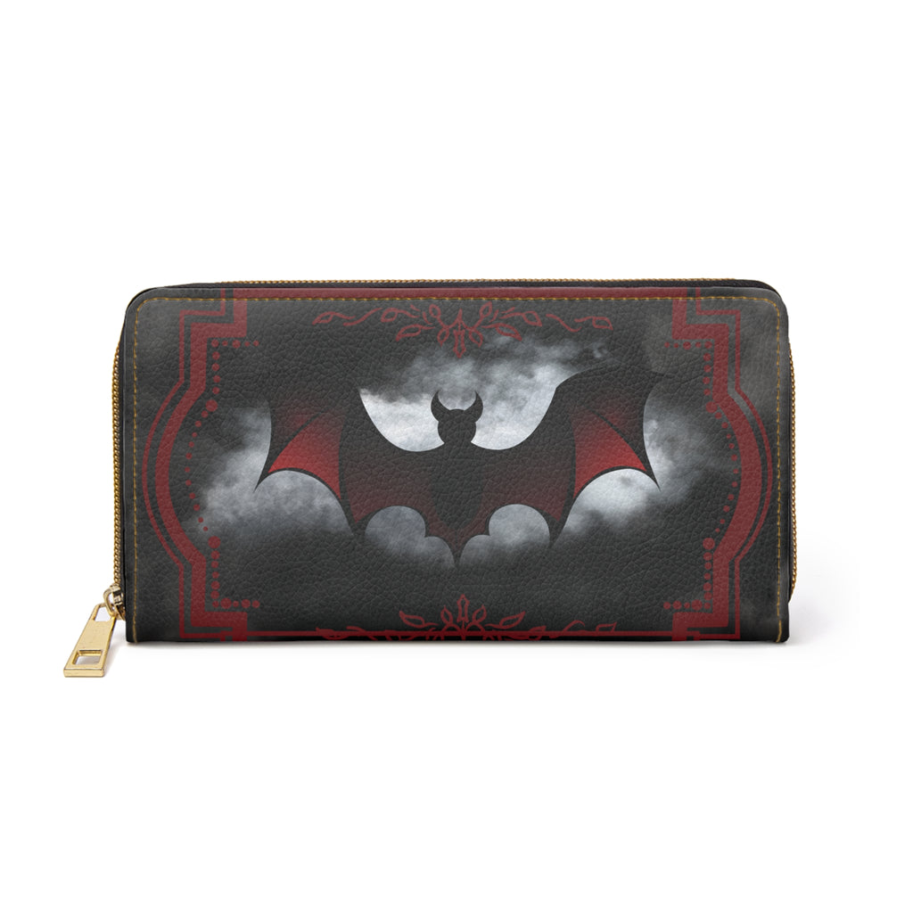 Gothic Red & Black Bat Wallet | Moonlit Vampire Bat Faux Leather Zipper Clutch