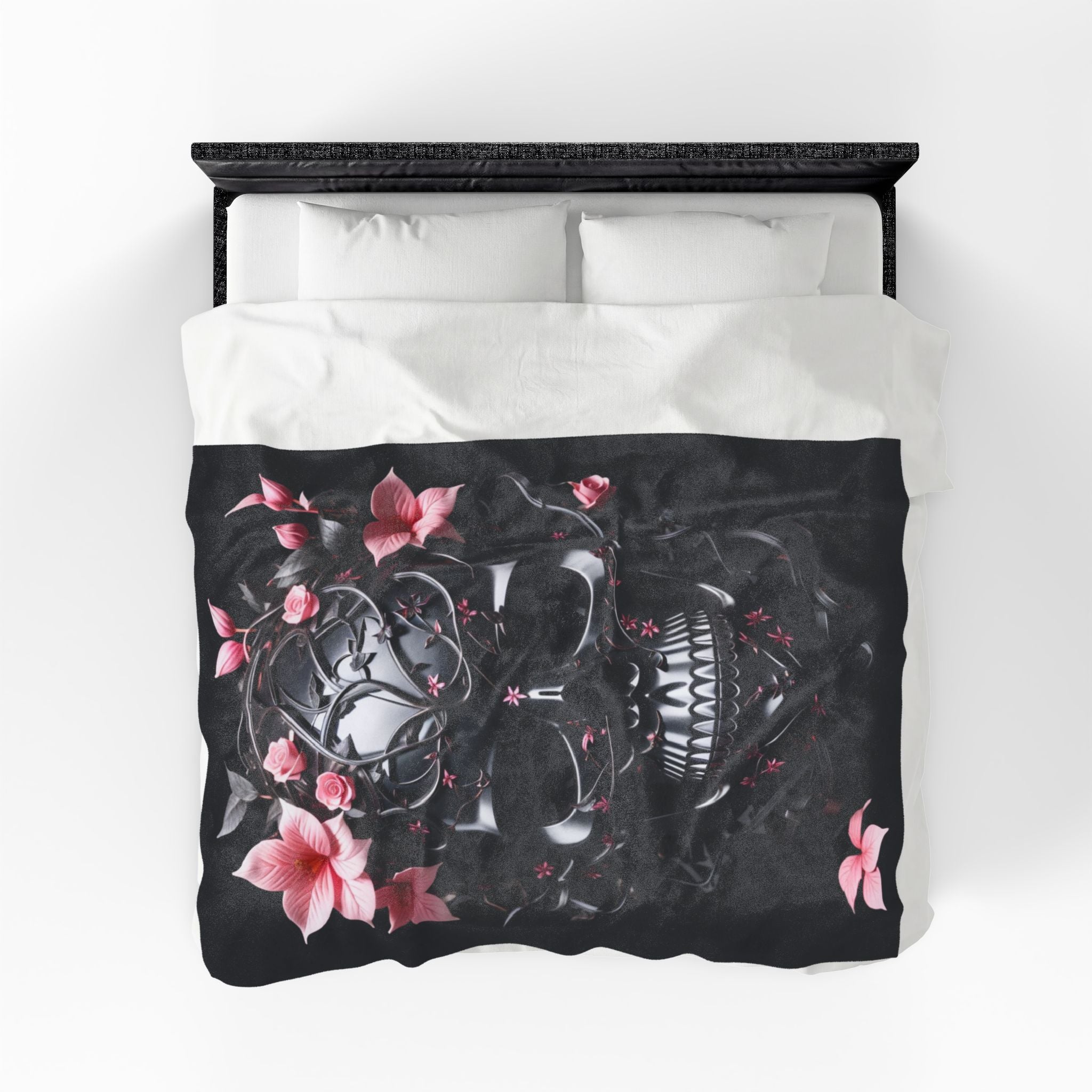 Pastel Goth Black & Pink Botanical Skull Throw Blanket — Dark Floral Home Decor