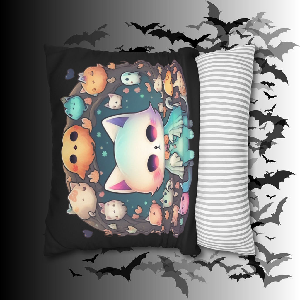Creepy Cute Kawaii Ghost Cat Throw Pillow — Pastel Goth Dark Home Decor