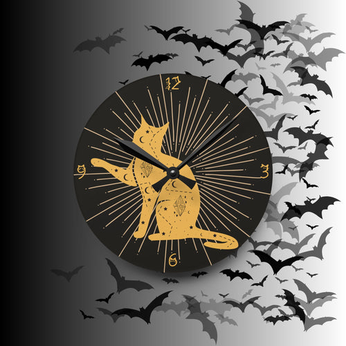 Celestial Cat Wall Clock — Gold Witchy Acrylic Art Print Home Decor
