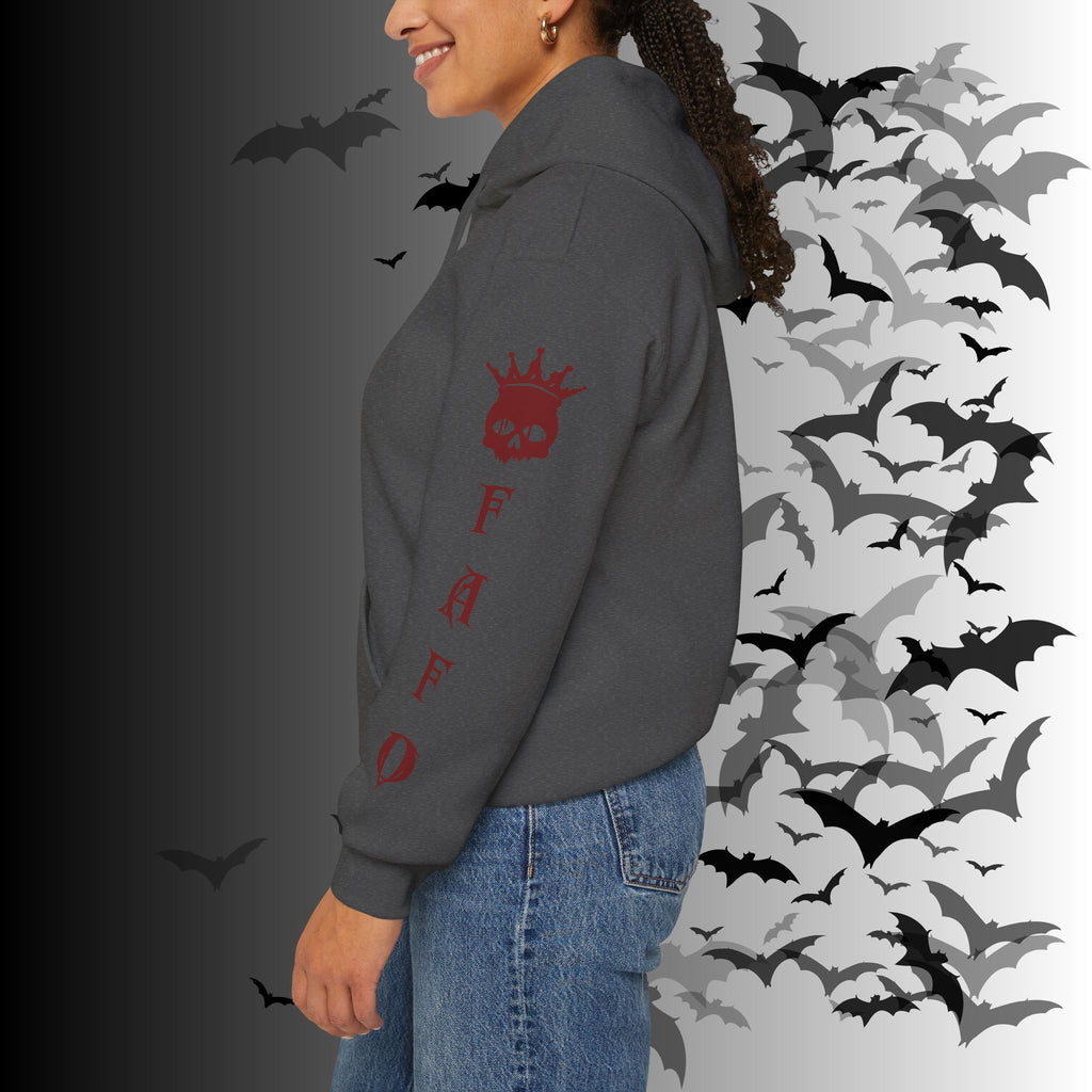 I Identify As a Threat Hoodie — Gothic Skull Sleeve Print Fuck Around Find Out