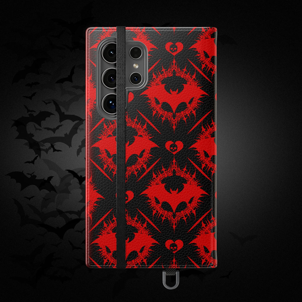 Gothic Bat Wallet Flip Case - Elegant Goth Phone Wallet - Bat Pattern Flip Case - Gothic Phone Case - Stylish Wallet Phone Case