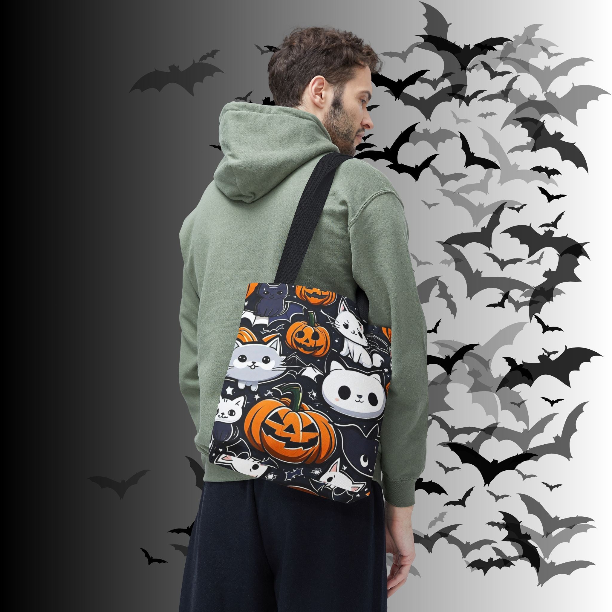 Kawaii Halloween Cat & Pumpkin Tote Bag — Spooky Multi-Cat Pattern