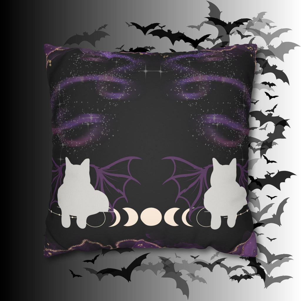 Gothic Bat Wing Cat Moon Phases Throw Pillow — Purple Celestial Dark Home Decor