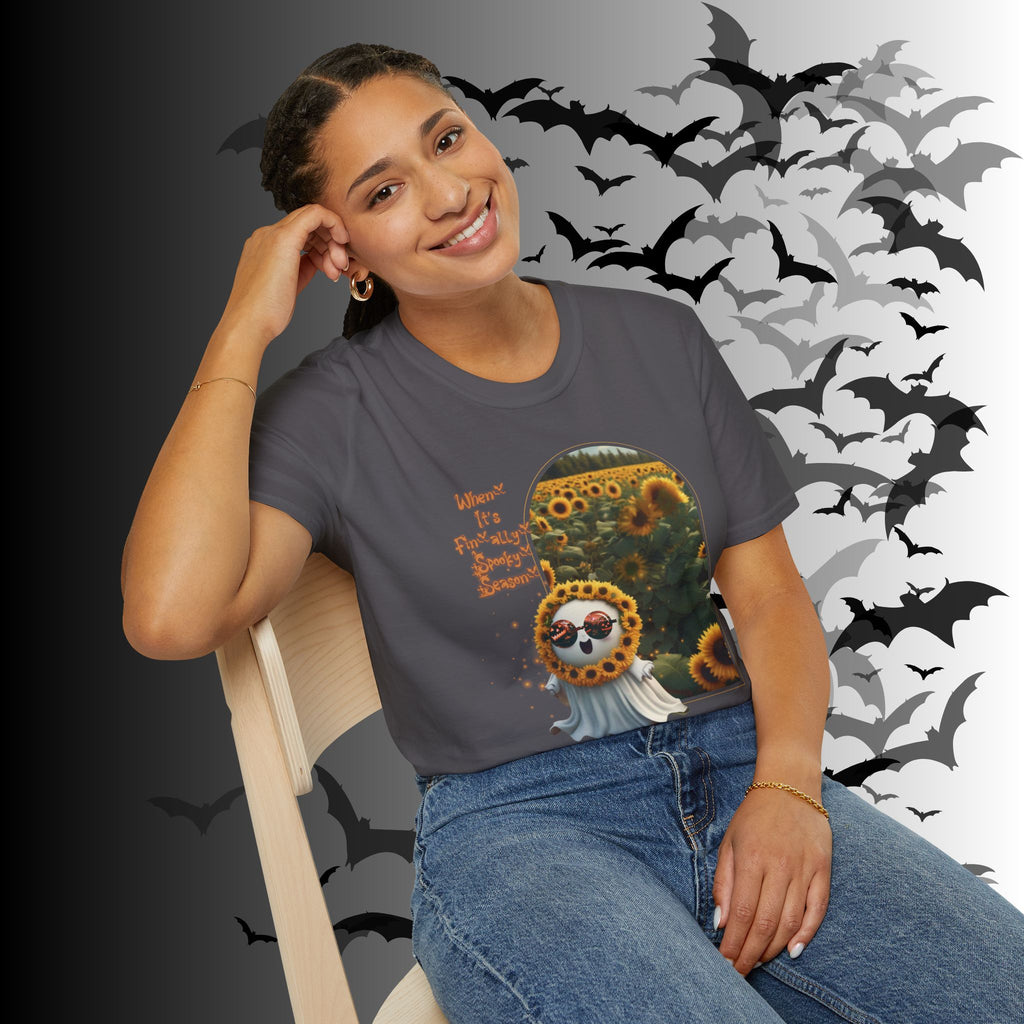 "When It's Finally Spooky Season" Ghost Sunflower T-Shirt — Halloween Tee