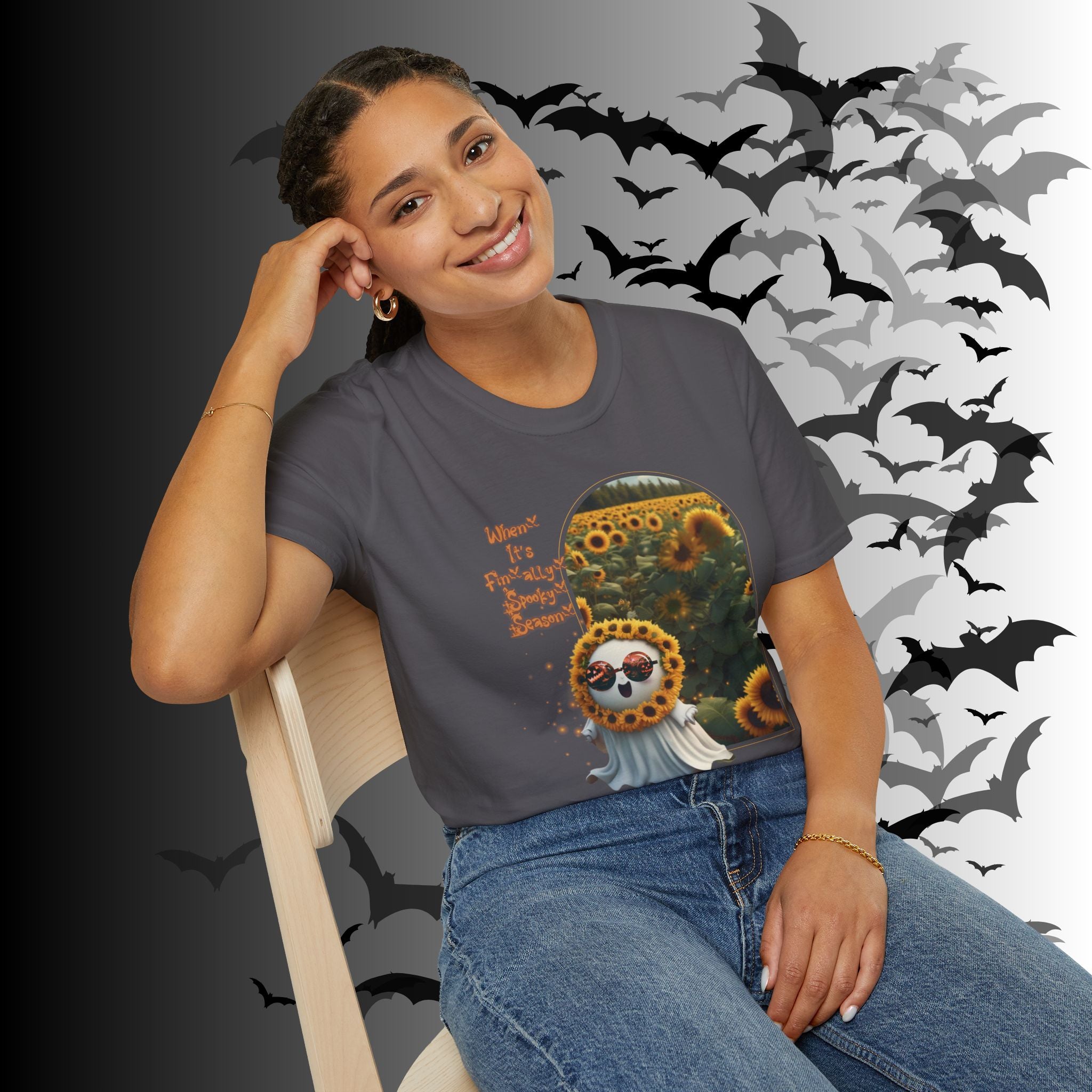 "When It's Finally Spooky Season" Ghost Sunflower T-Shirt — Halloween Tee