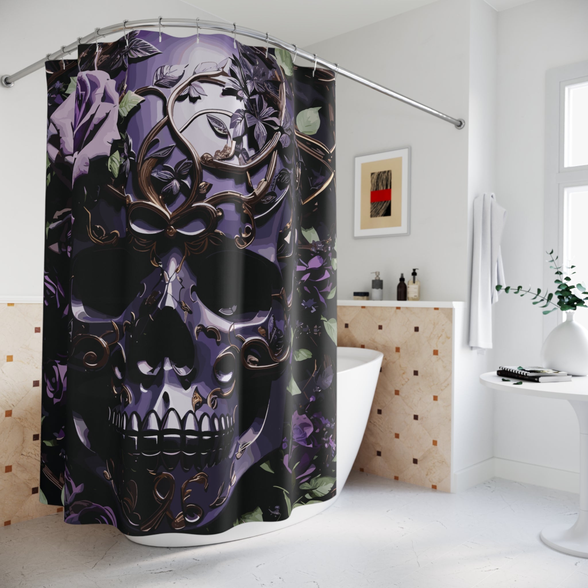 Gothic Purple Skull Shower Curtain — Dark Floral Rose Bathroom Decor