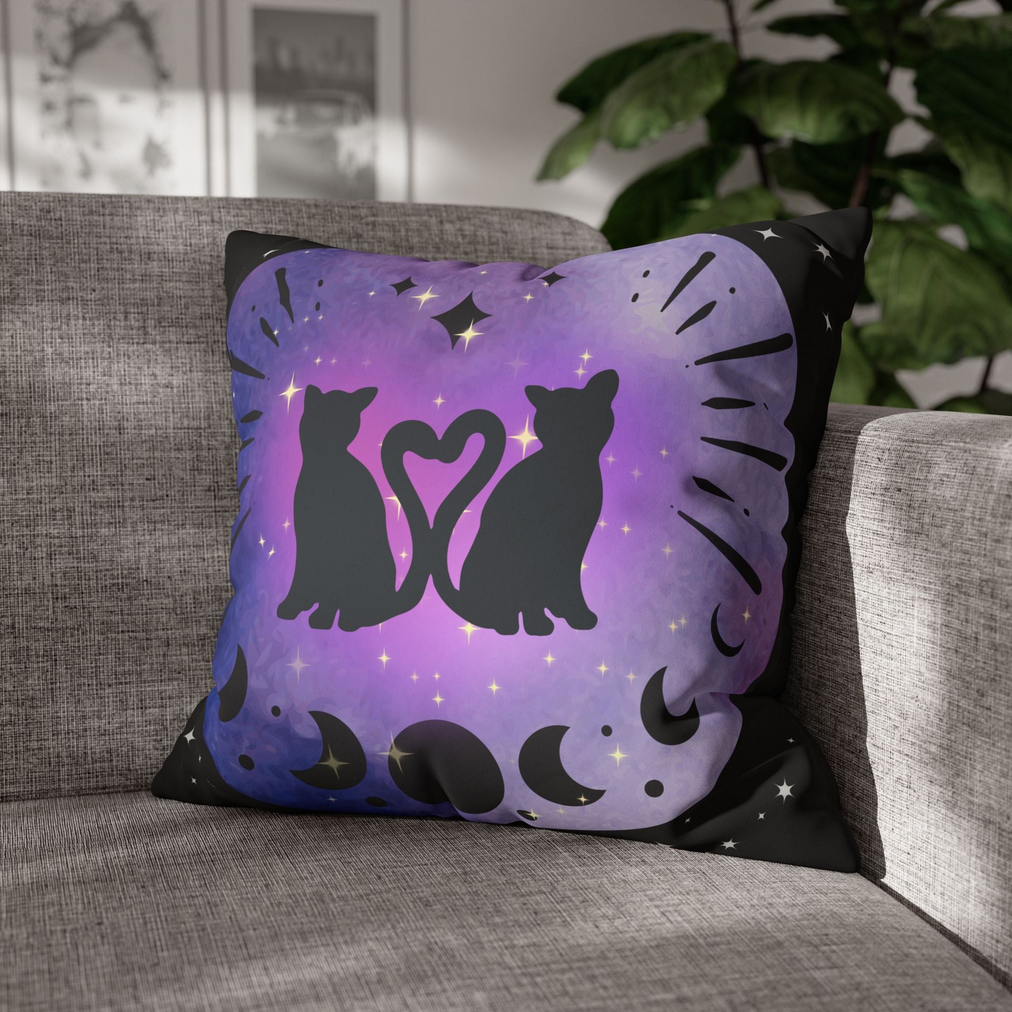 Lunar Love Cats Moon Phases Throw Pillow — Celestial Gothic Dark Home Decor