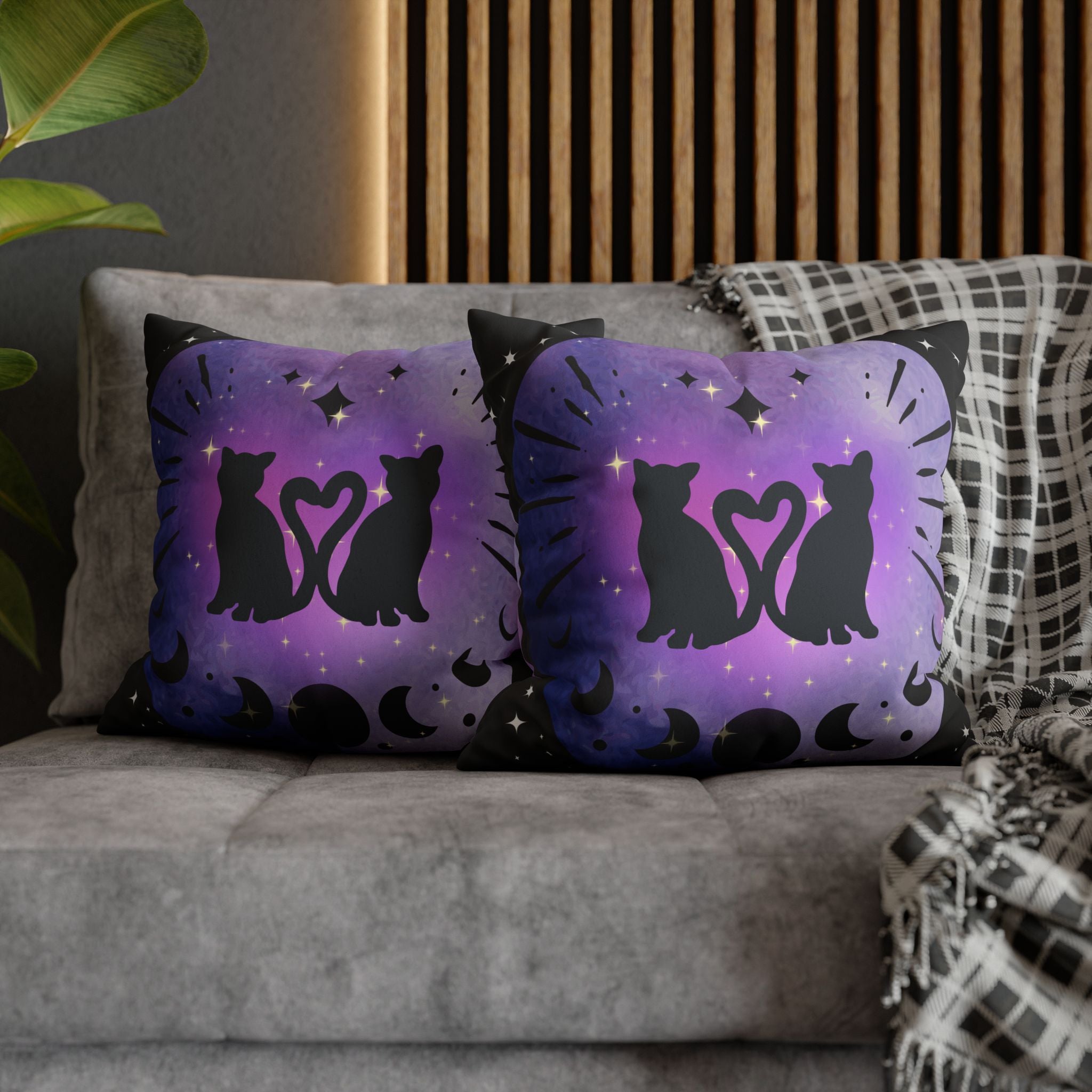 Lunar Love Cats Moon Phases Throw Pillow — Celestial Gothic Dark Home Decor