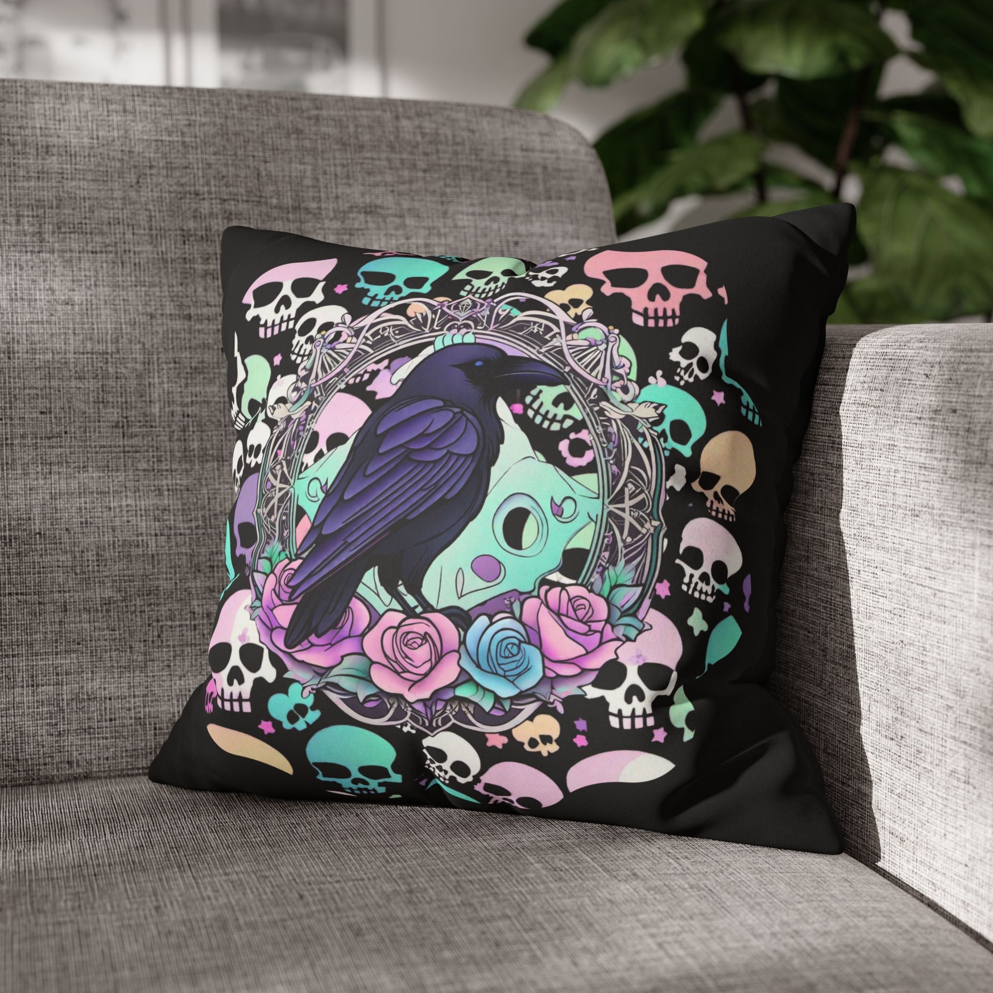 Pastel Goth Raven Skull Throw Pillow — Dark Floral Gothic Home Decor