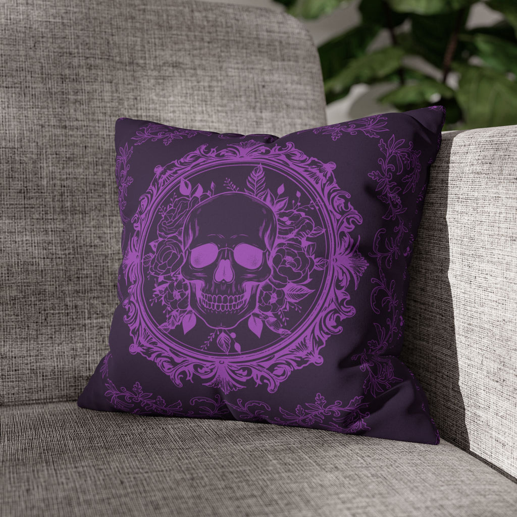 Purple Gothic Floral Skull Throw Pillow — Baroque Botanical Dark Home Decor