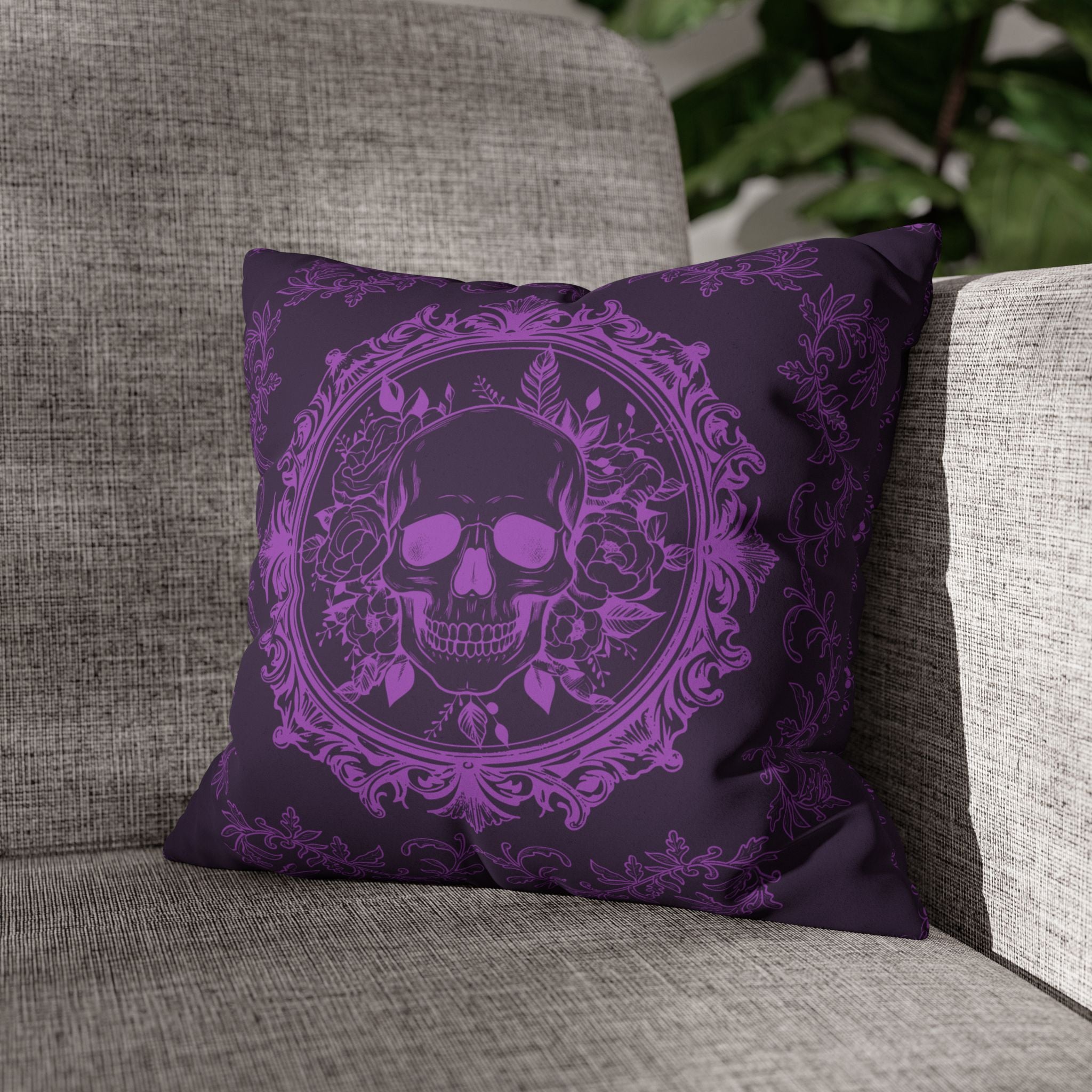 Purple Gothic Floral Skull Throw Pillow — Baroque Botanical Dark Home Decor