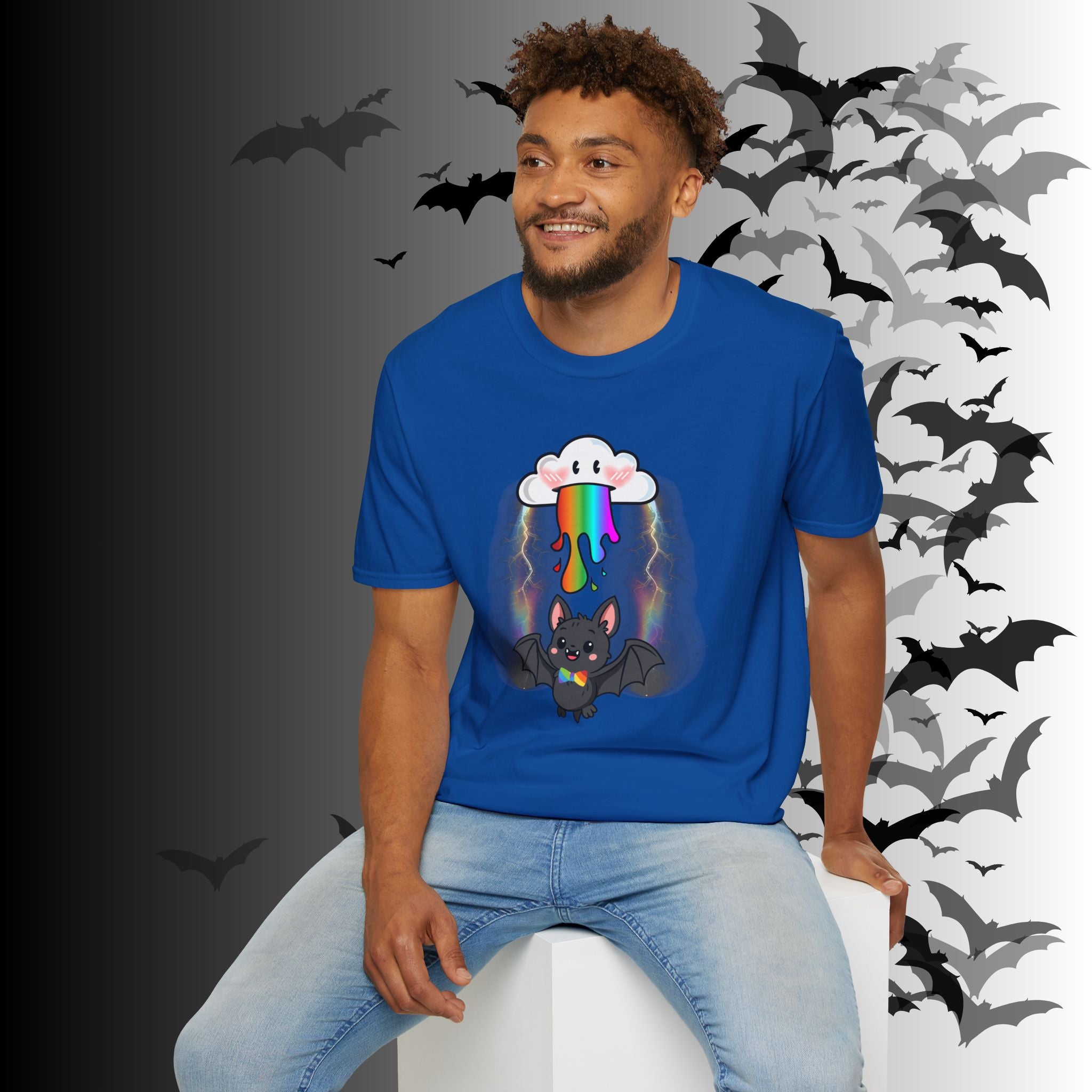Rainbow Vomit Cloud Bat T-Shirt — Kawaii Goth Pride Unisex Tee
