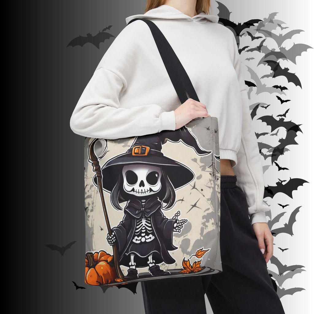 Skeleton Witch Halloween Tote Bag — Spooky Chibi Witch Print