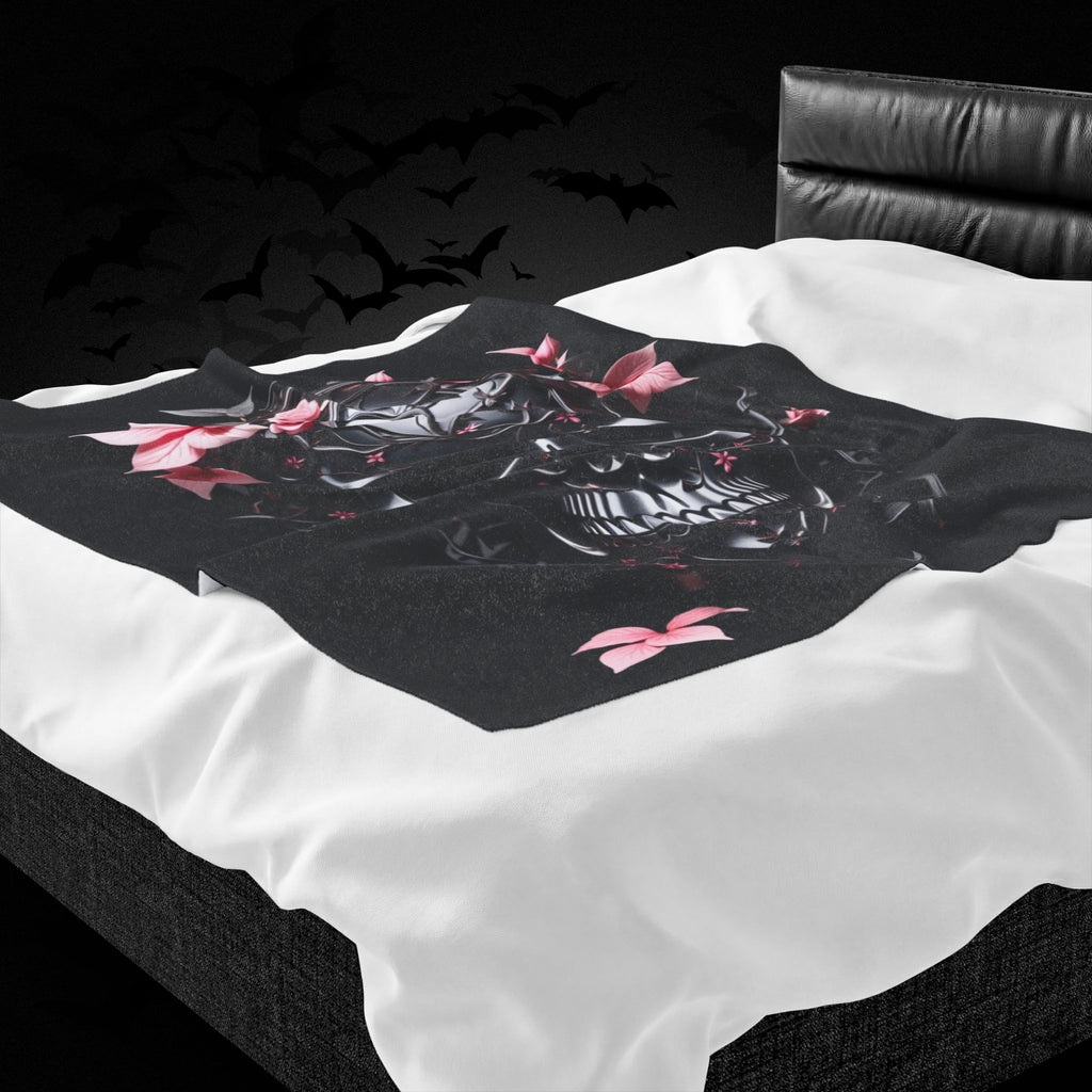Pastel Goth Black & Pink Botanical Skull Throw Blanket — Dark Floral Home Decor