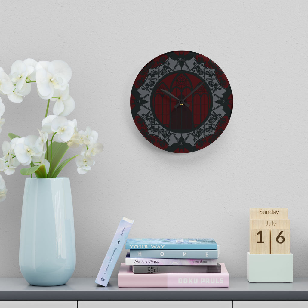 Gothic Cathedral Bats Wall Clock — Black Red Acrylic Art Print Home Decor