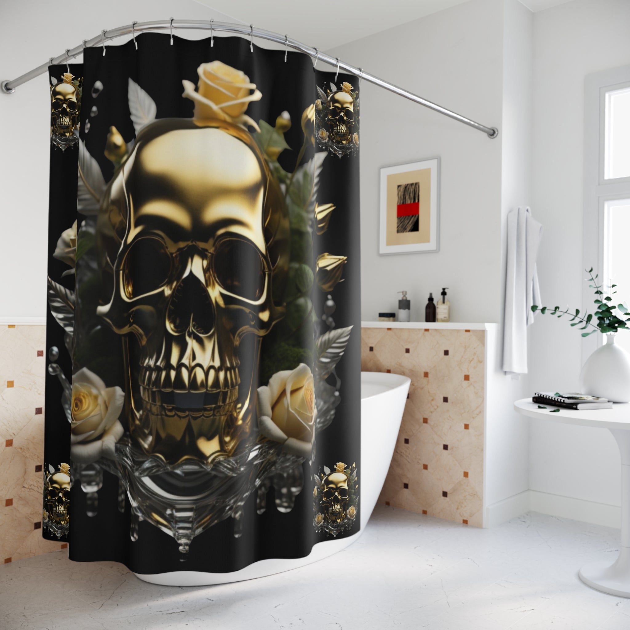 Gothic Gold Skull Crystal Rose Shower Curtain — Whimsigoth Bathroom Decor
