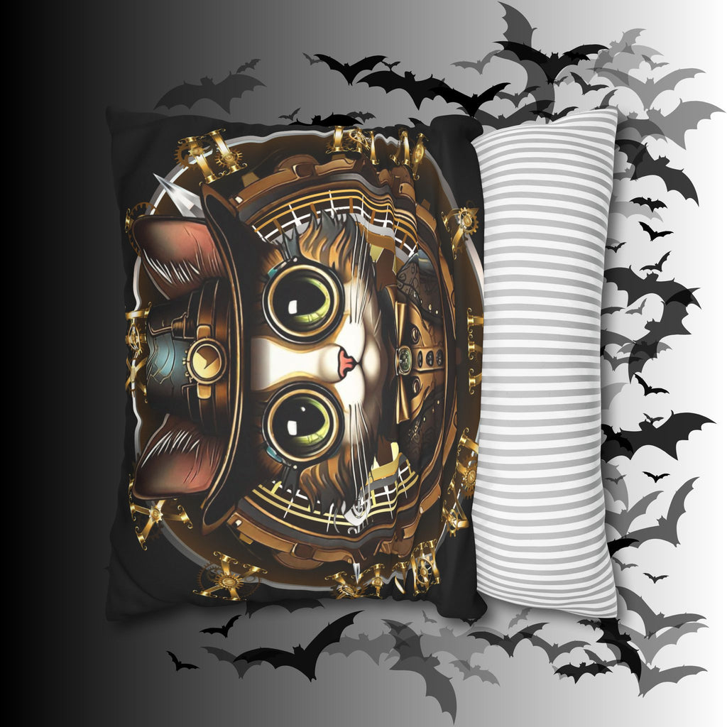 Steampunk Cat Throw Pillow — Vintage Industrial Gothic Home Decor