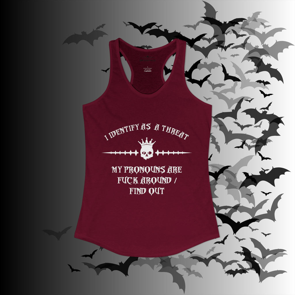 "FAFO" I Identify As A Threat Racerback Tank Top — Gothic Humor Front & Back
