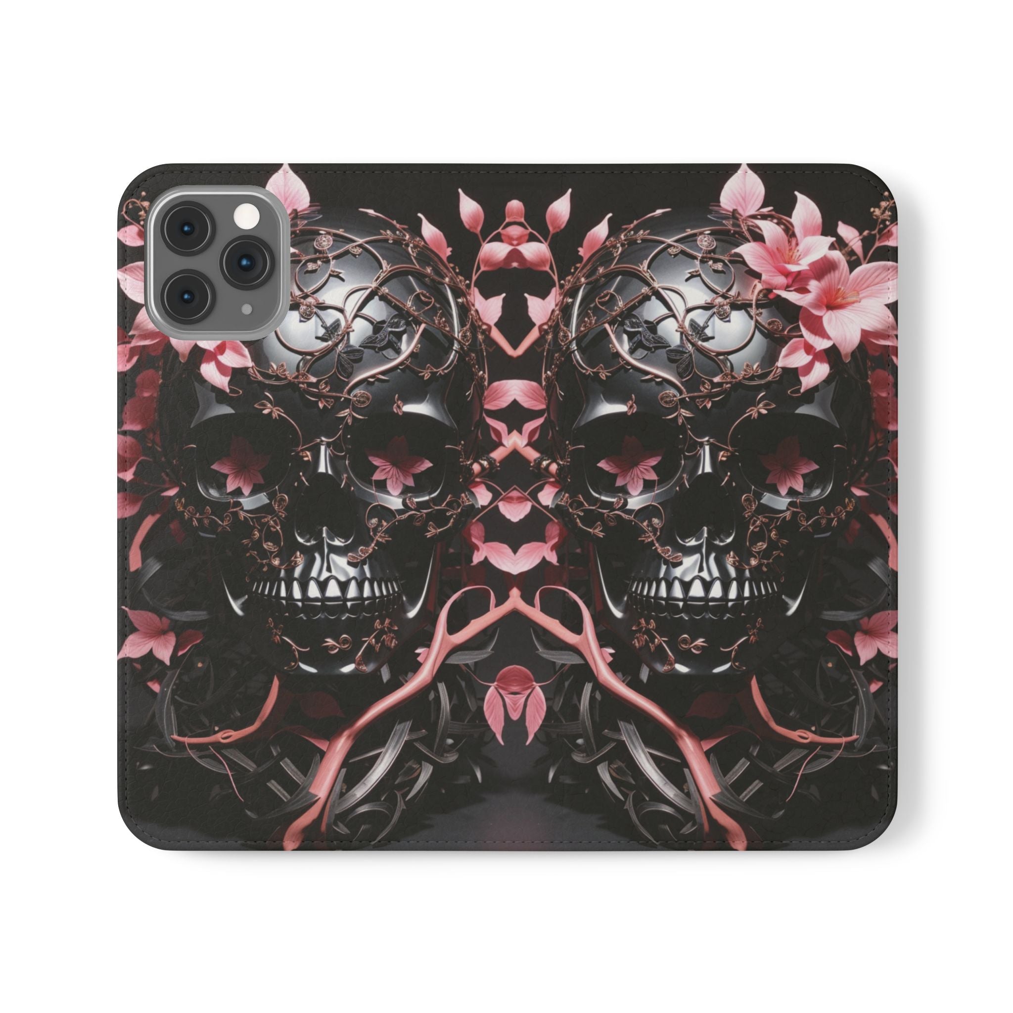 Pink Pastel Goth Skull Flip Wallet Phone Case - Skull Wallet Case for Samsung iPhone - Gothic Style Skull Wallet Phone Cases