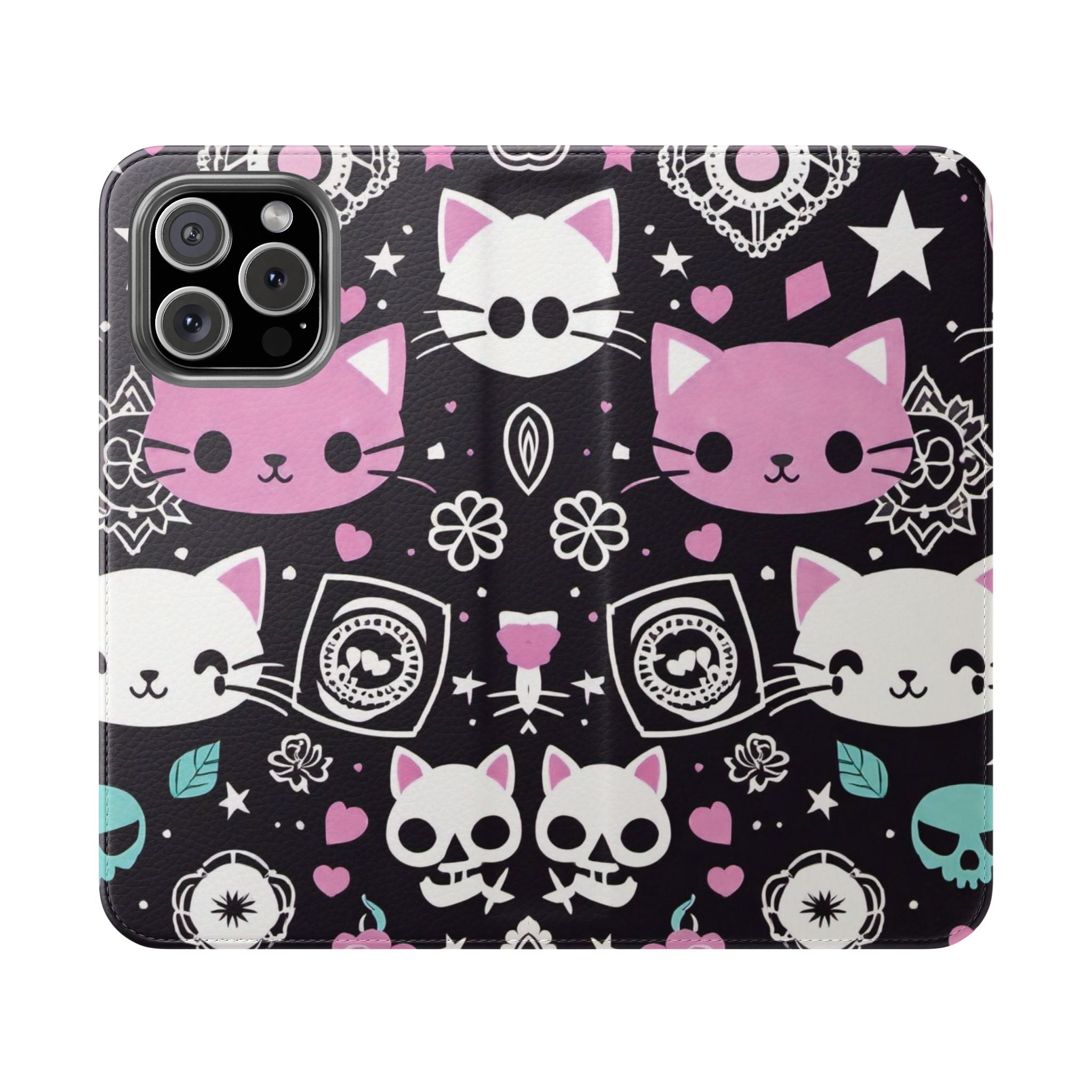 Pastel Goth Cat Flip Wallet Phone Case - Goth Cat Wallet Case for Samsung iPhone - Gothic Style Cats Wallet Phone Cases