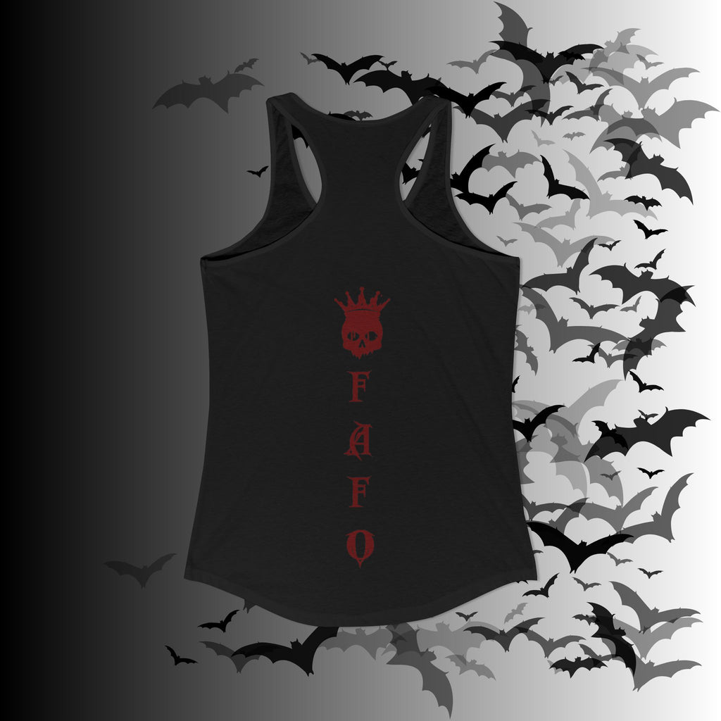 "FAFO" I Identify As A Threat Racerback Tank Top — Gothic Humor Front & Back