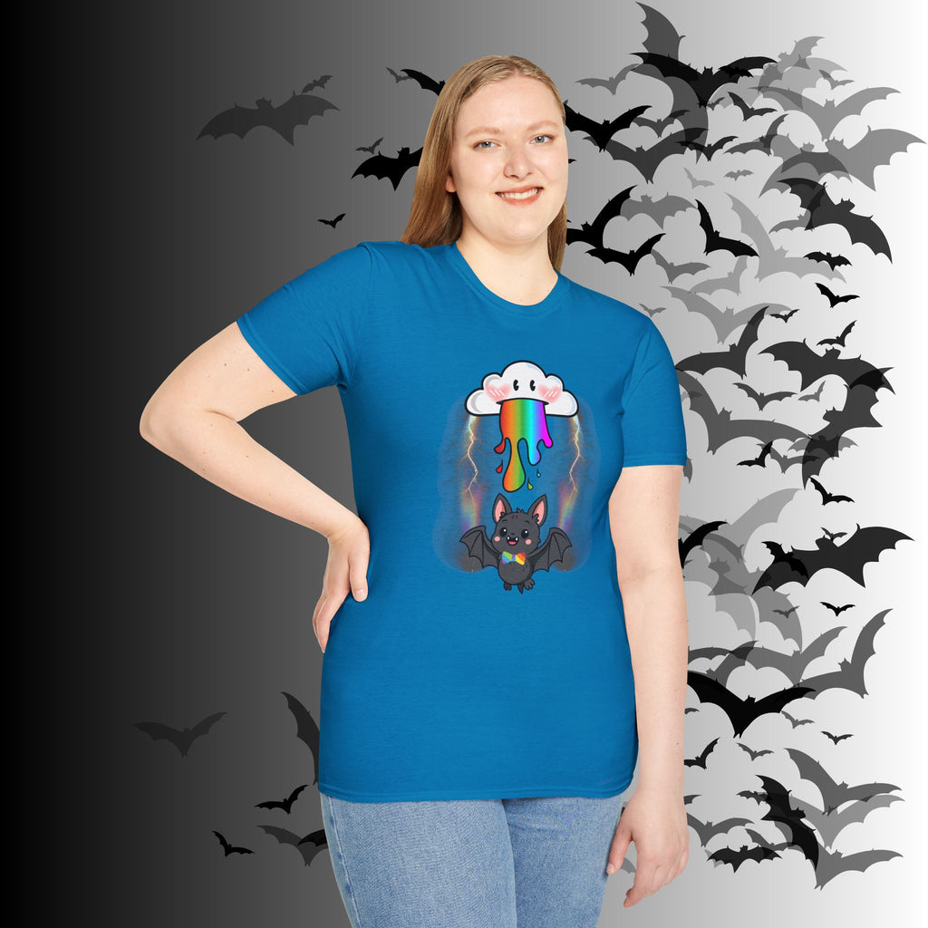 Rainbow Vomit Cloud Bat T-Shirt — Kawaii Goth Pride Unisex Tee