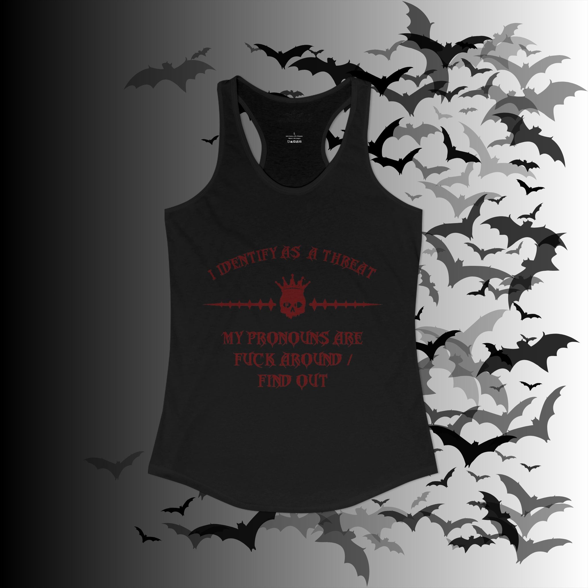"FAFO" I Identify As A Threat Racerback Tank Top — Gothic Humor Front & Back