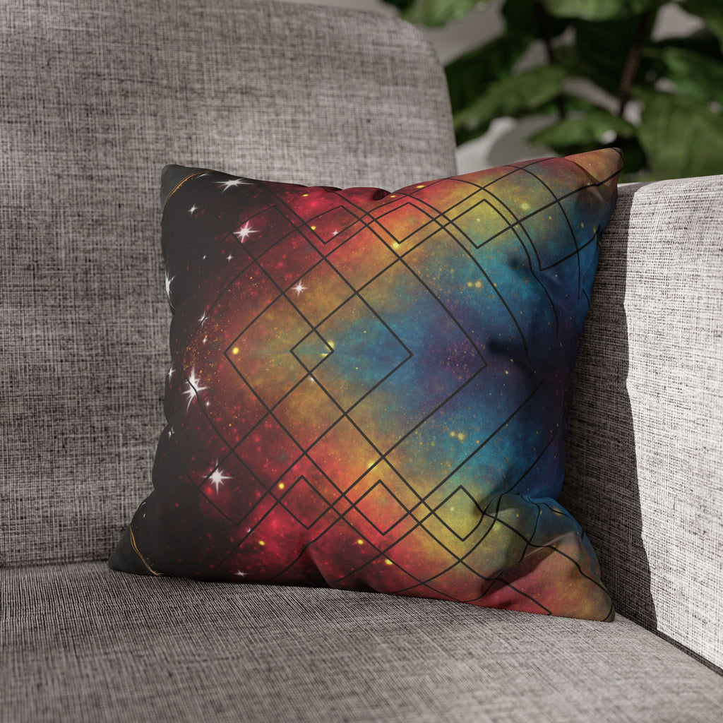 Rainbow Galaxy Geometric Throw Pillow — Celestial Cosmic Dark Home Decor