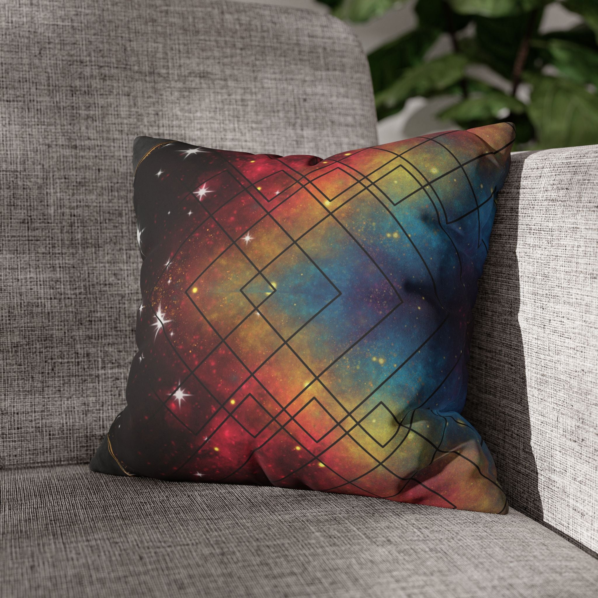 Rainbow Galaxy Geometric Throw Pillow — Celestial Cosmic Dark Home Decor