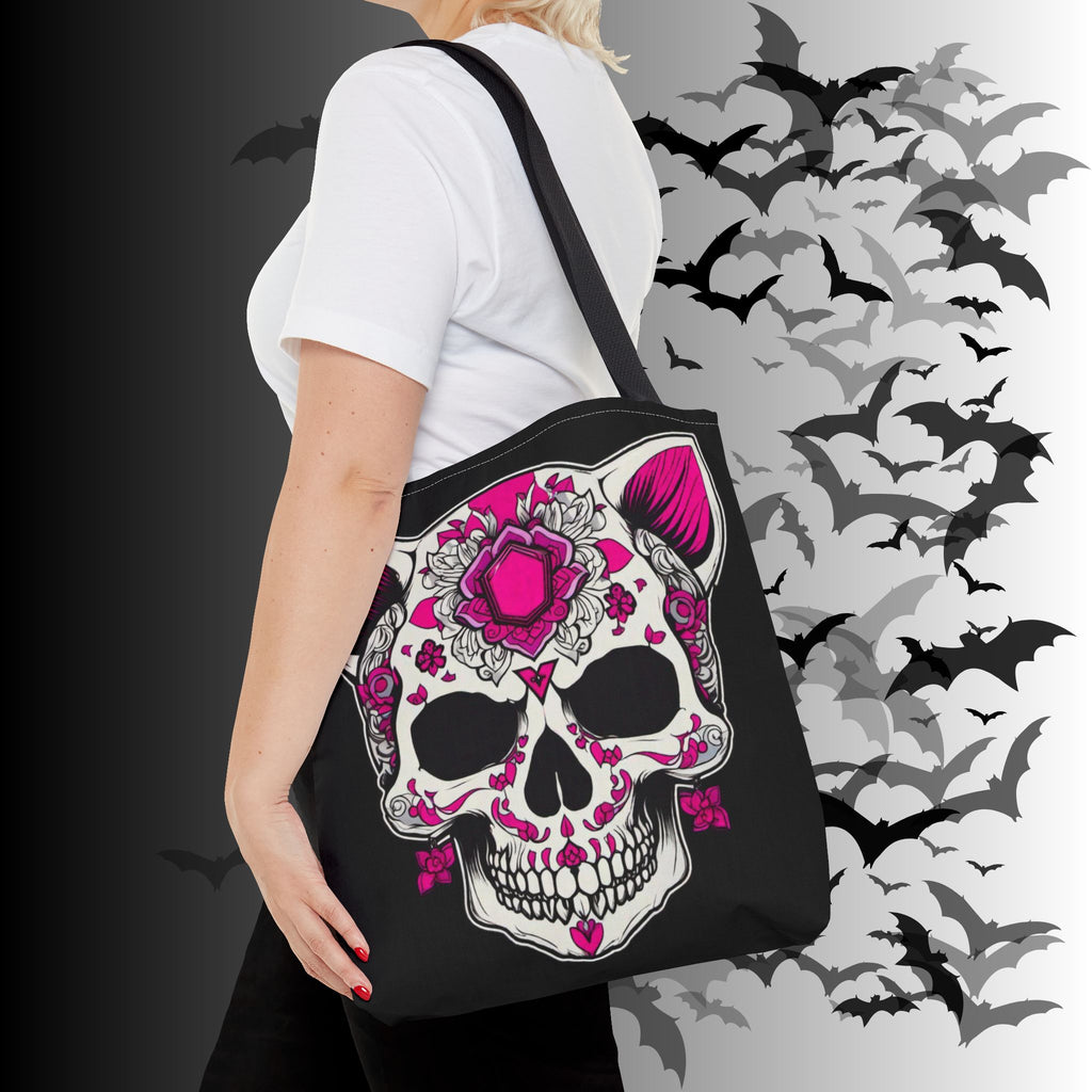Pink Sugar Skull Cat Tote Bag — Day of the Dead Floral Design