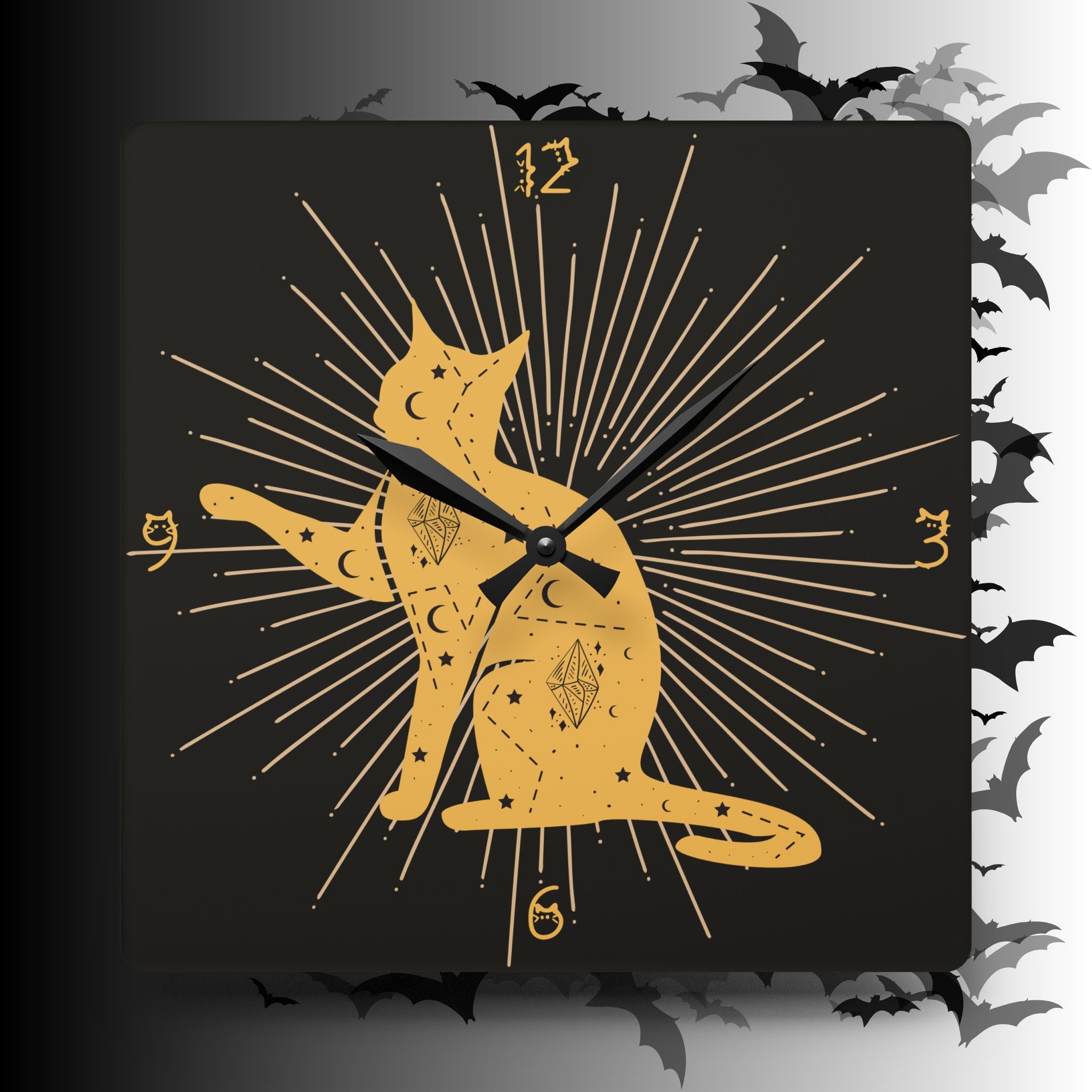 Celestial Cat Wall Clock — Gold Witchy Acrylic Art Print Home Decor