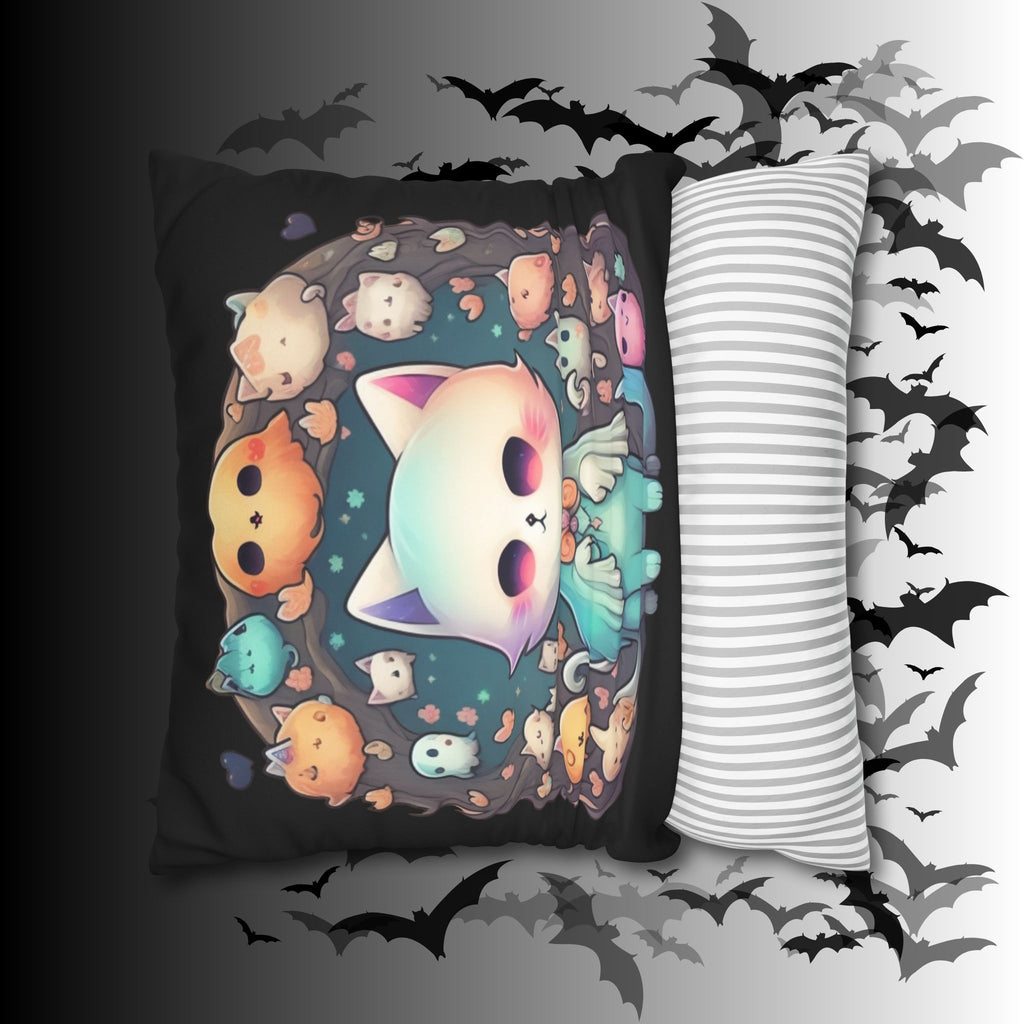 Creepy Cute Kawaii Ghost Cat Throw Pillow — Pastel Goth Dark Home Decor