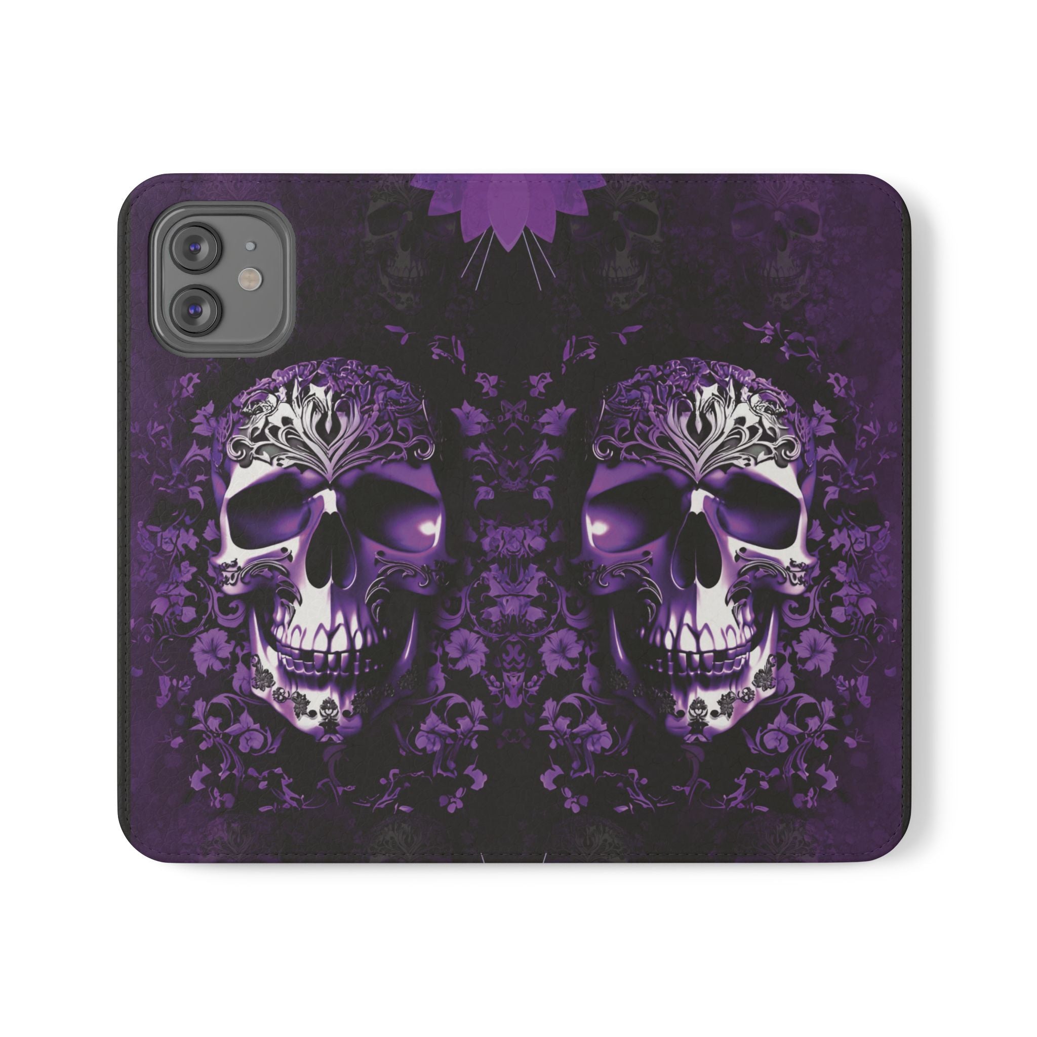 Purple Pastel Goth Skull Flip Wallet Phone Case - Skull Wallet Case for Samsung iPhone - Gothic Style Skull Wallet Phone Cases