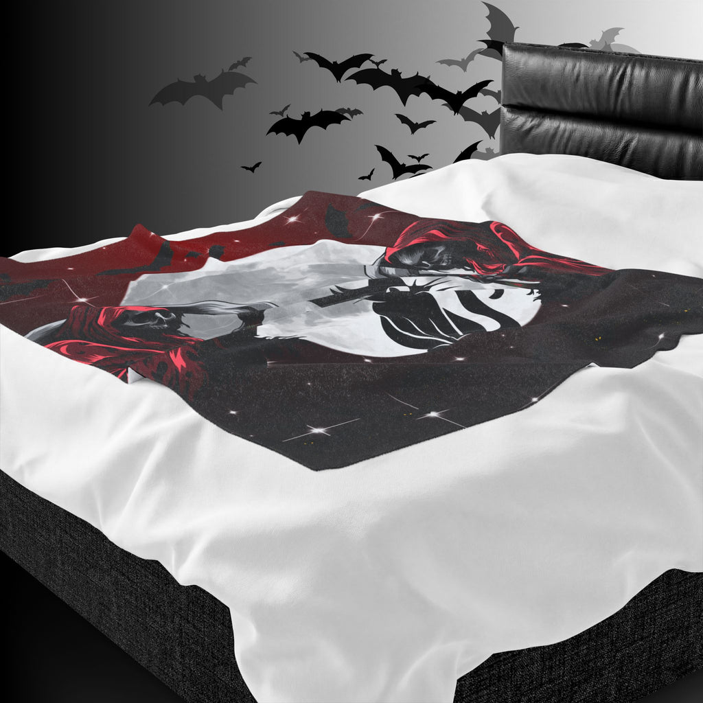 Gothic Black Cat Grim Reaper Throw Blanket — Moonlit Dark Home Decor