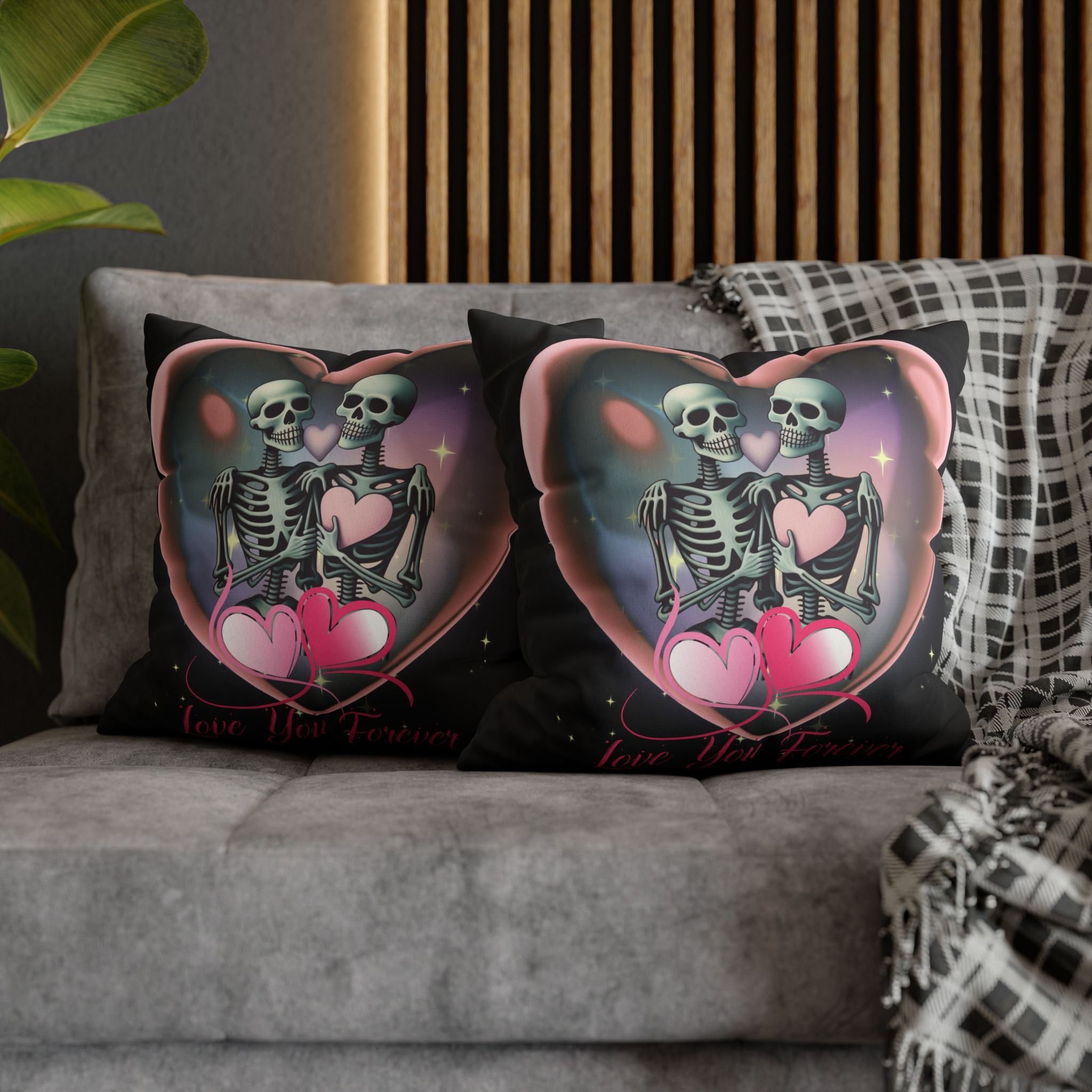 Love You Forever Skeleton Couple Throw Pillow — Gothic Love Dark Home Decor