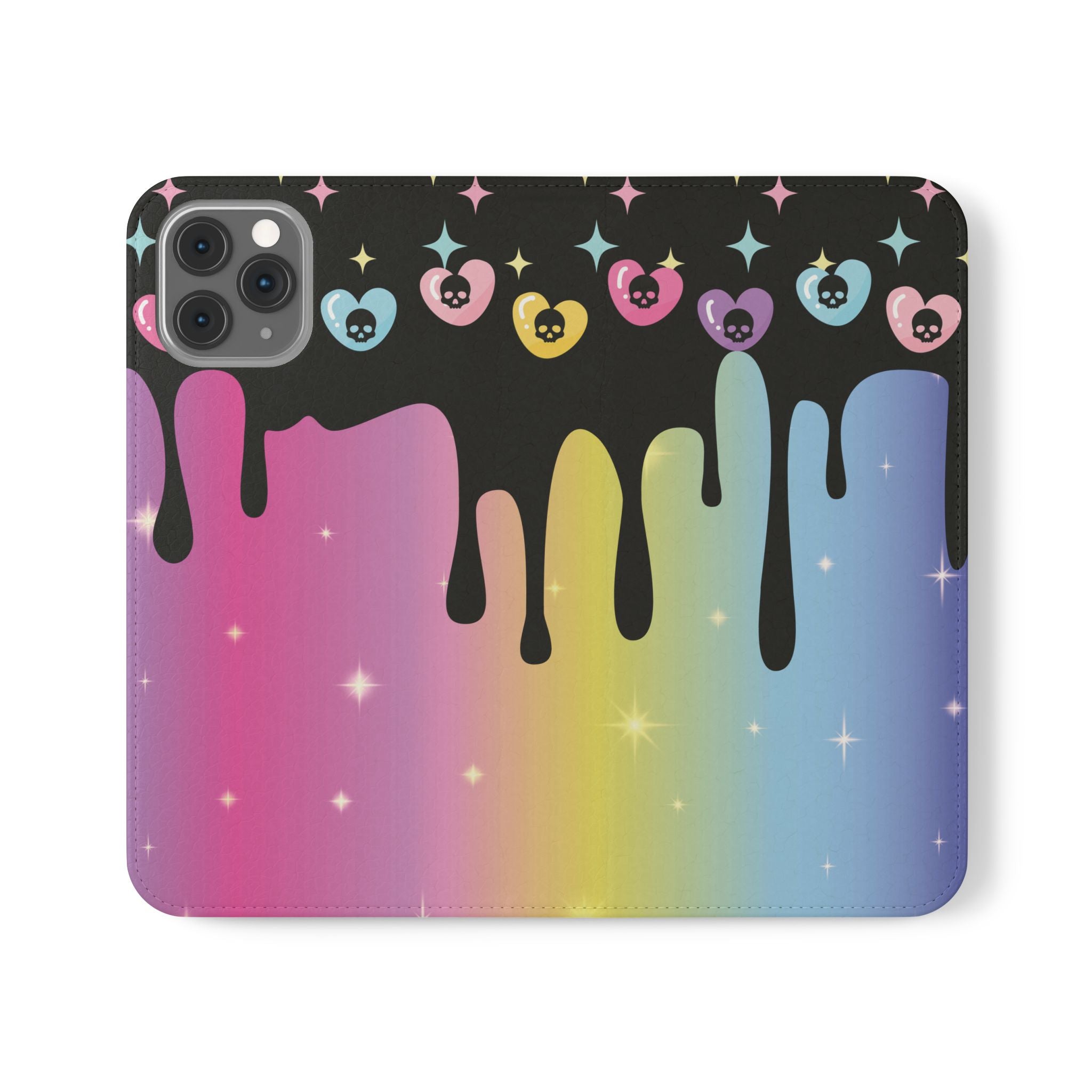 Pastel Goth Drippy Rainbow Skulls Flip Wallet Phone Case - Wallet Case for Samsung and iPhone - Gothic Style Wallet Phone Cases