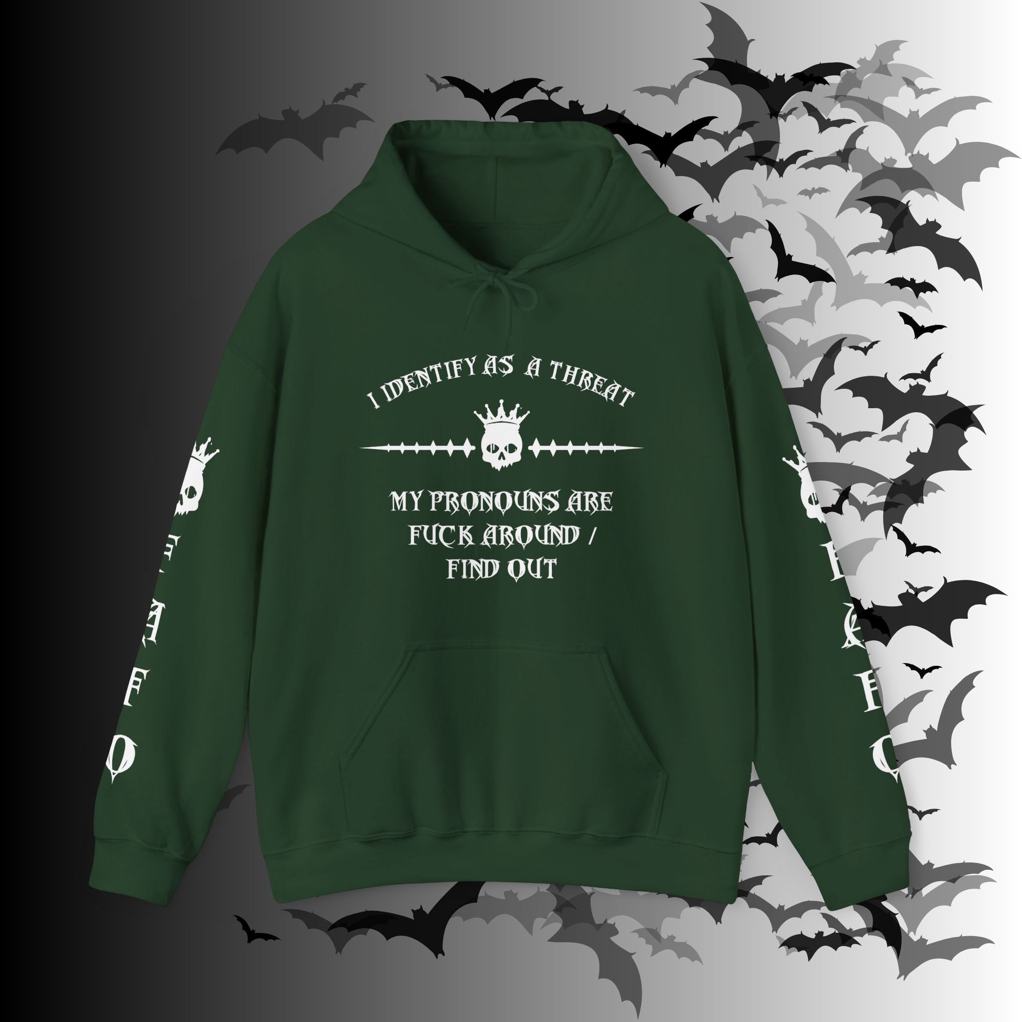 I Identify As a Threat Hoodie — Gothic Skull Sleeve Print FAFO Black