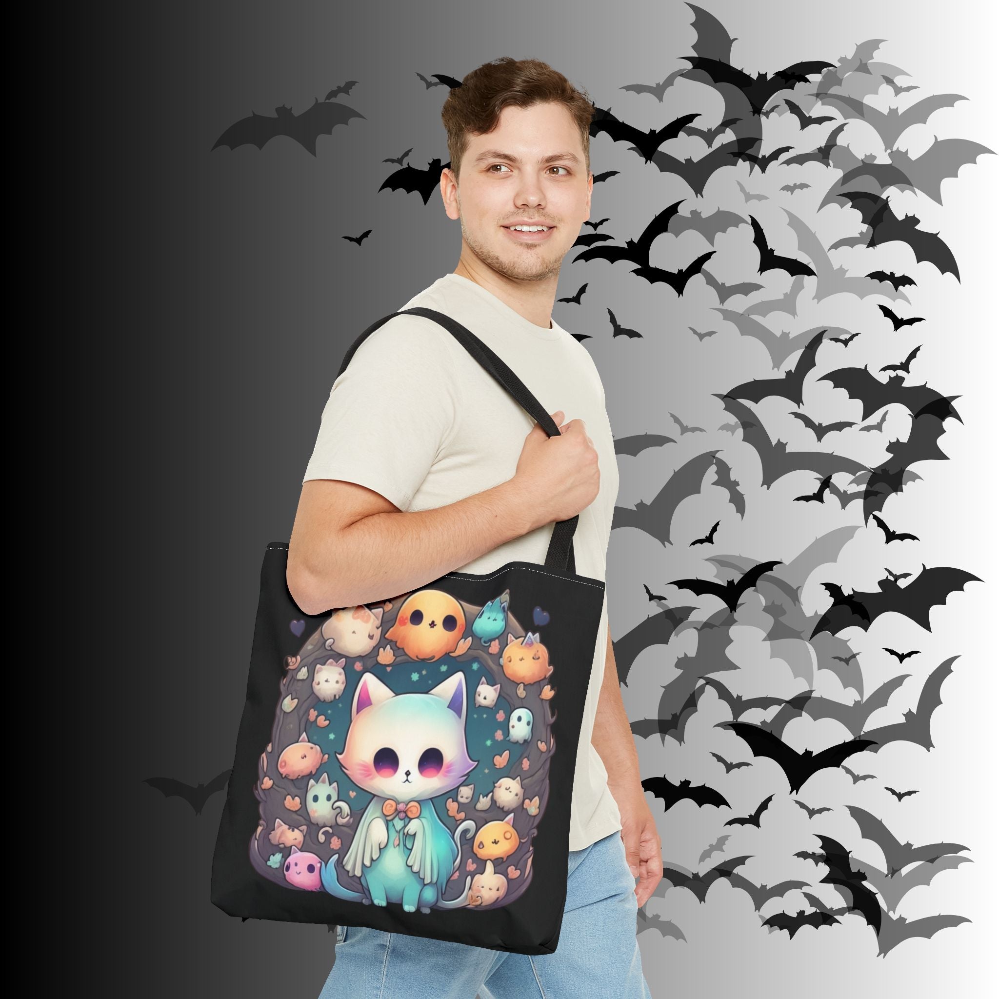 Pastel Goth Ghost Cat Tote Bag — Kawaii Spooky All-Over Print