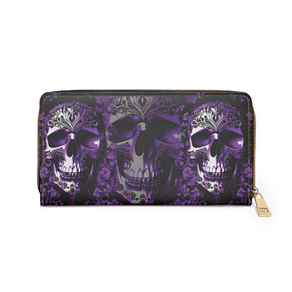 Gothic Purple Skull Floral Wallet | Dark Academia Faux Leather Zipper Clutch
