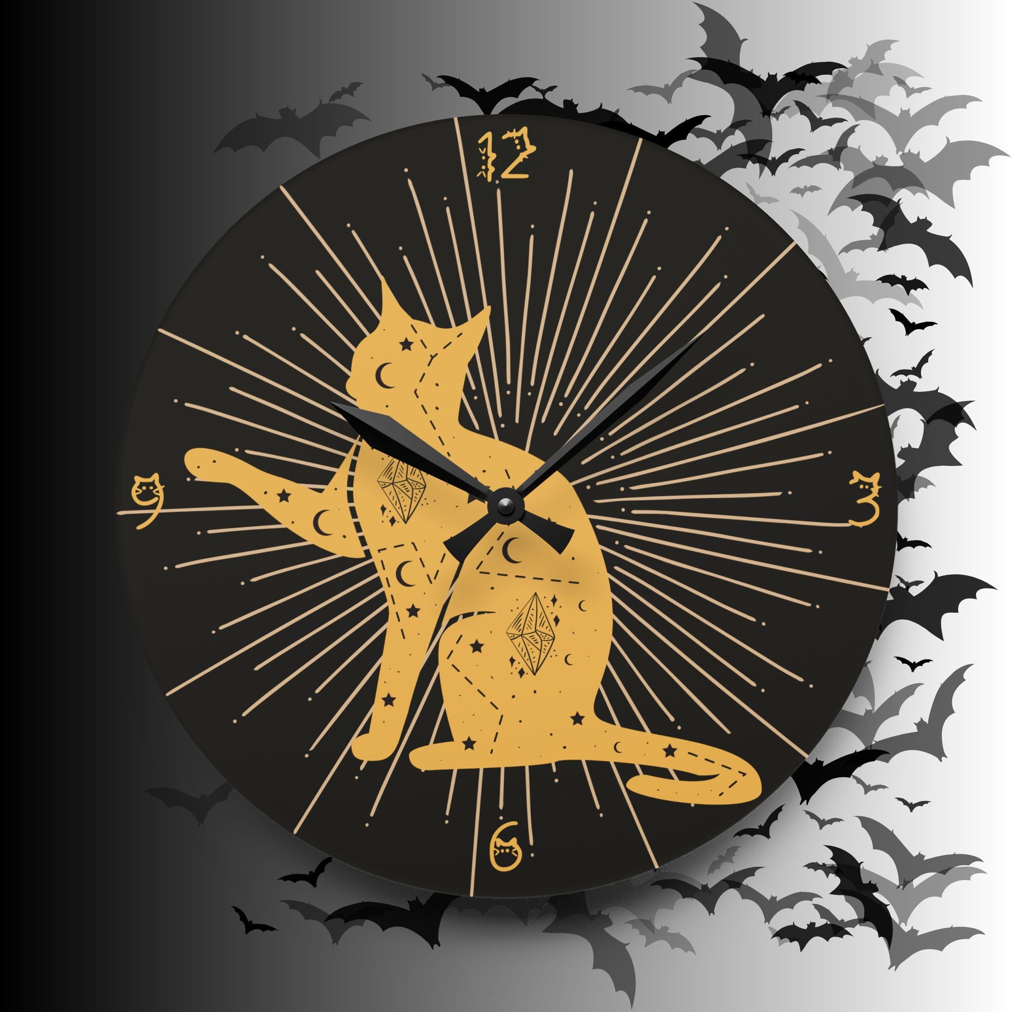 Celestial Cat Wall Clock — Gold Witchy Acrylic Art Print Home Decor