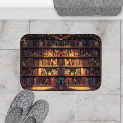 Cottagecore Bookcase Bath Mat — Cozy Fantasy Book Lover Bathroom Decor