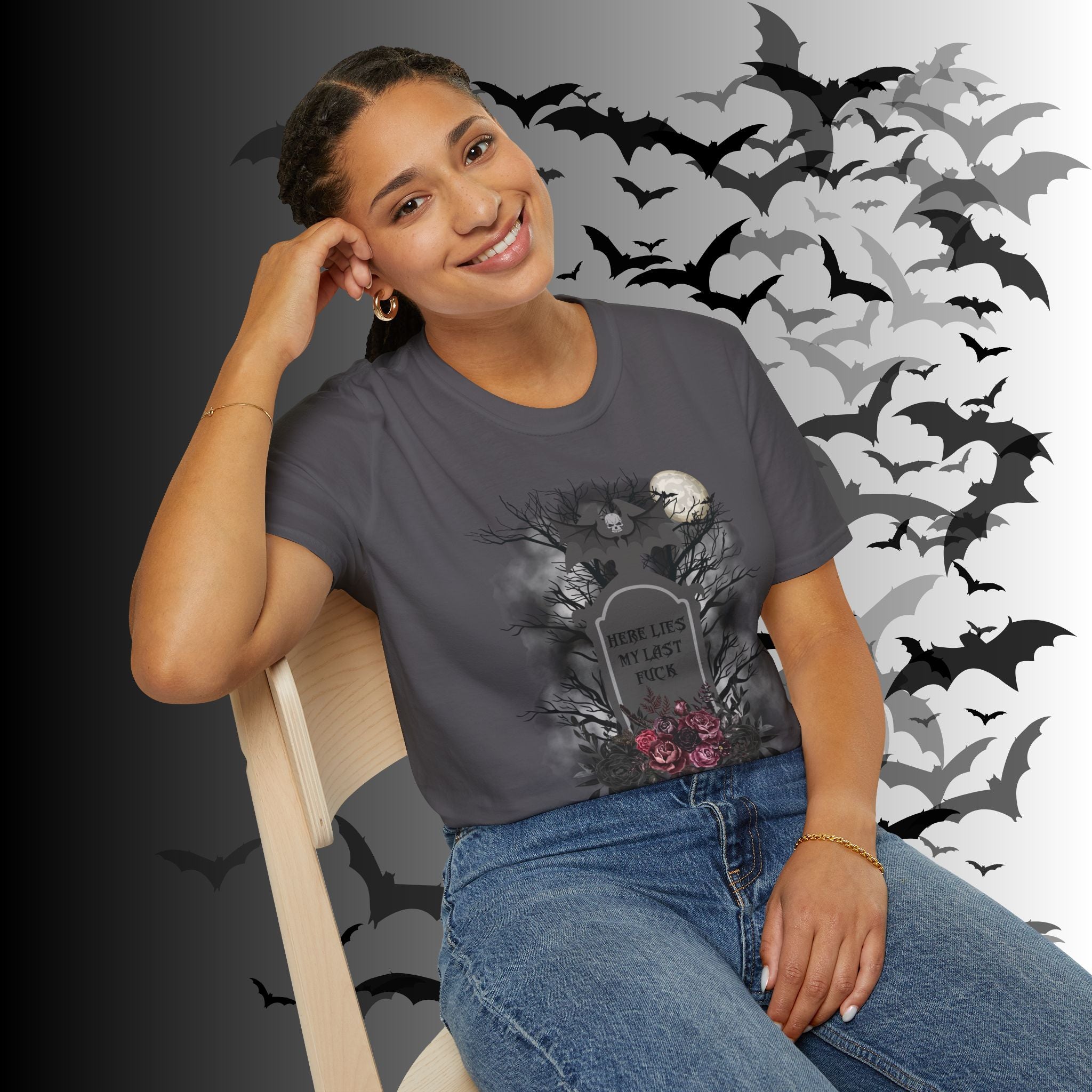 "Here Lies My Last F*ck" Gothic Gravestone T-Shirt — Spooky Humor Tee