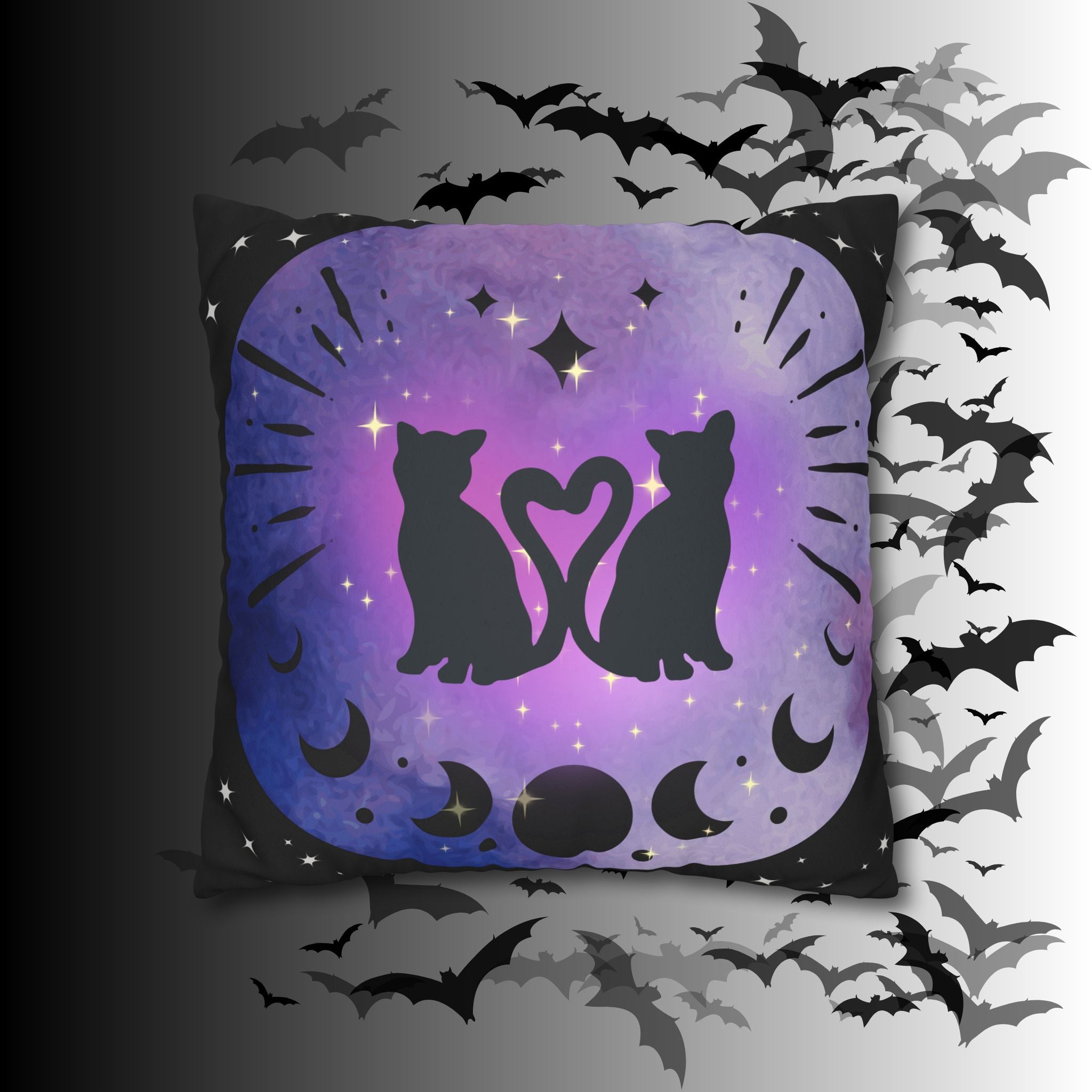 Lunar Love Cats Moon Phases Throw Pillow — Celestial Gothic Dark Home Decor