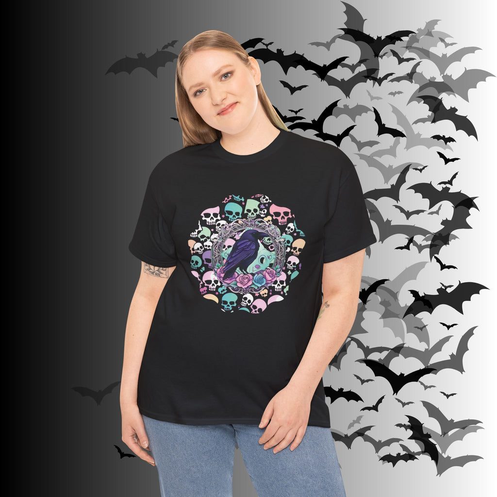 Pastel Goth Raven & Skull Mandala T-Shirt — Gothic Corvid Tee