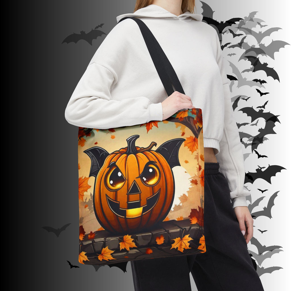 Bat Wing Jack-o'-Lantern Halloween Tote Bag — Autumn Leaves Print