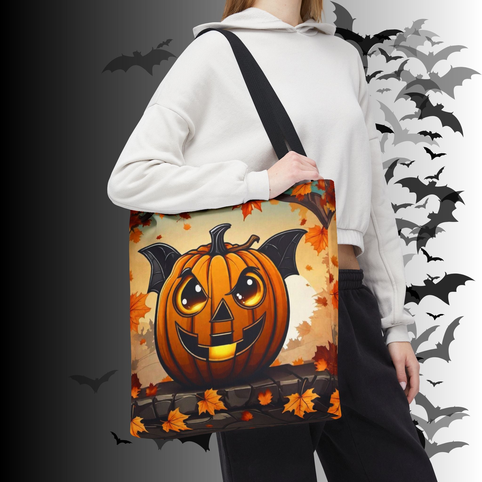 Bat Wing Jack-o'-Lantern Halloween Tote Bag — Autumn Leaves Print
