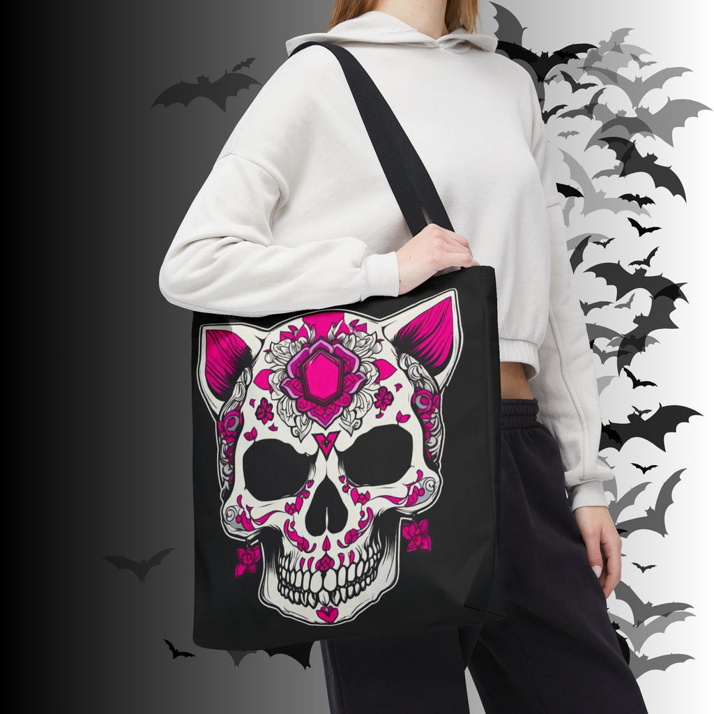 Pink Sugar Skull Cat Tote Bag — Day of the Dead Floral Design