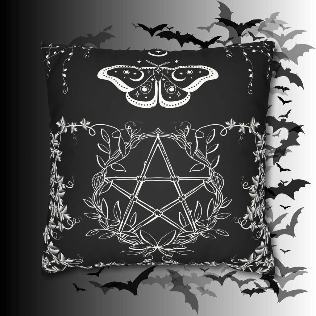 Witchy Moth Pentagram Throw Pillow — Botanical Gothic Dark Home Decor